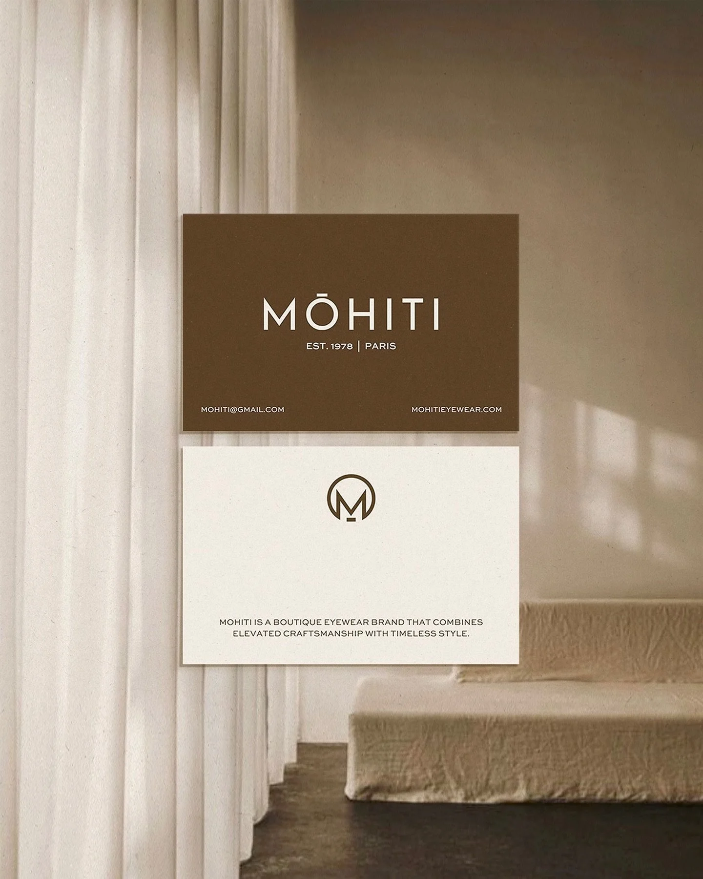 A closer look at the visuals for Mōhiti eyewear brand, featuring new business cards and a teaser for the creative direction.

We&rsquo;re embracing earthy, neutral colours that embody Mōhiti&rsquo;s commitment to timeless style and craftsmanship. 🤎