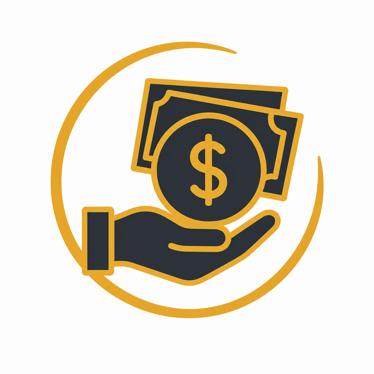 Illustration of a hand holding a dollar coin with dollar bills in the background, encircled by a partial gold ring.