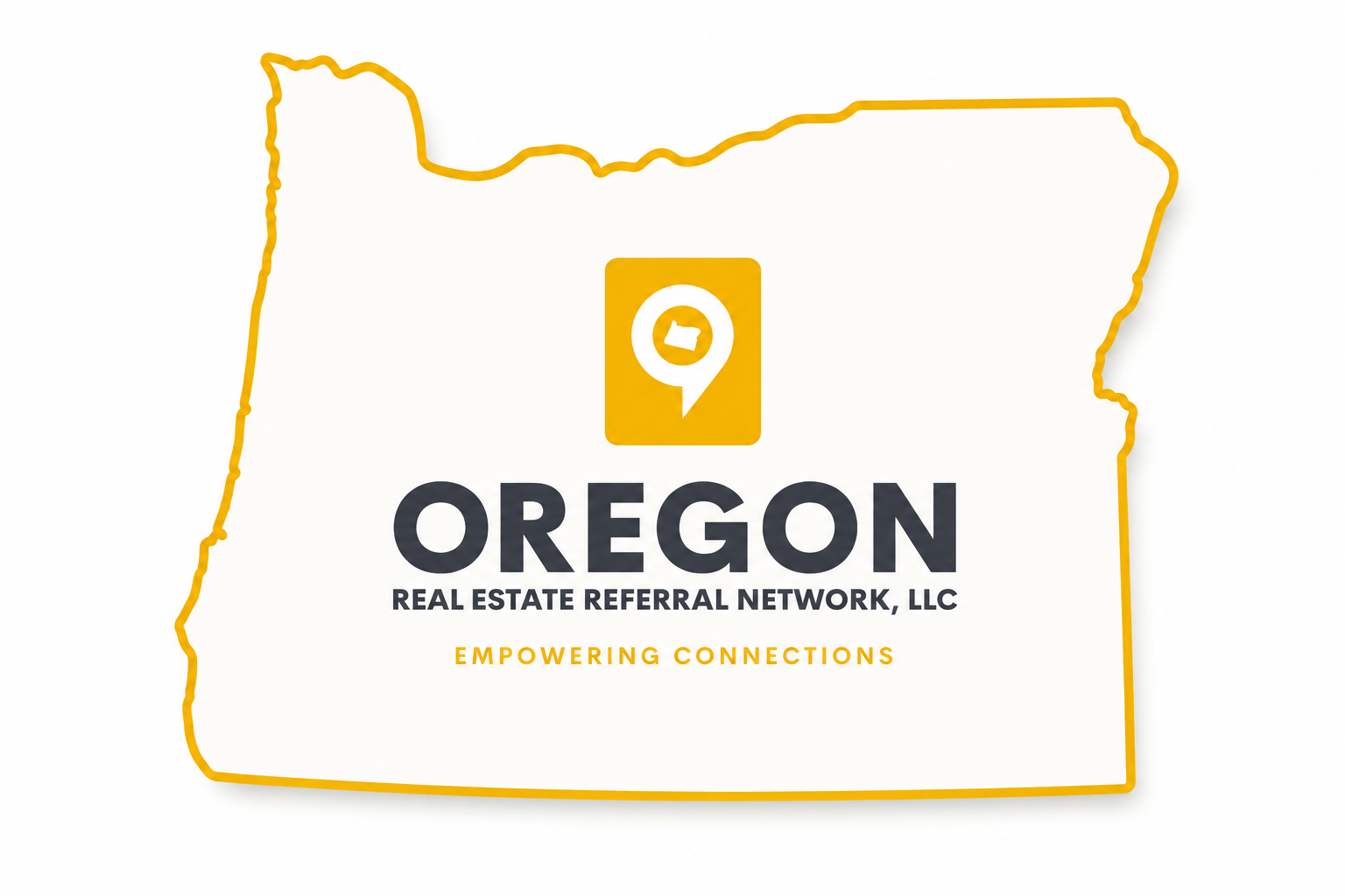 Outline of the state of Oregon with a logo in the center featuring a location pin with a folder icon inside, and text reading 'Oregon Real Estate Referral Network, LLC' and 'Empowering Connections'.