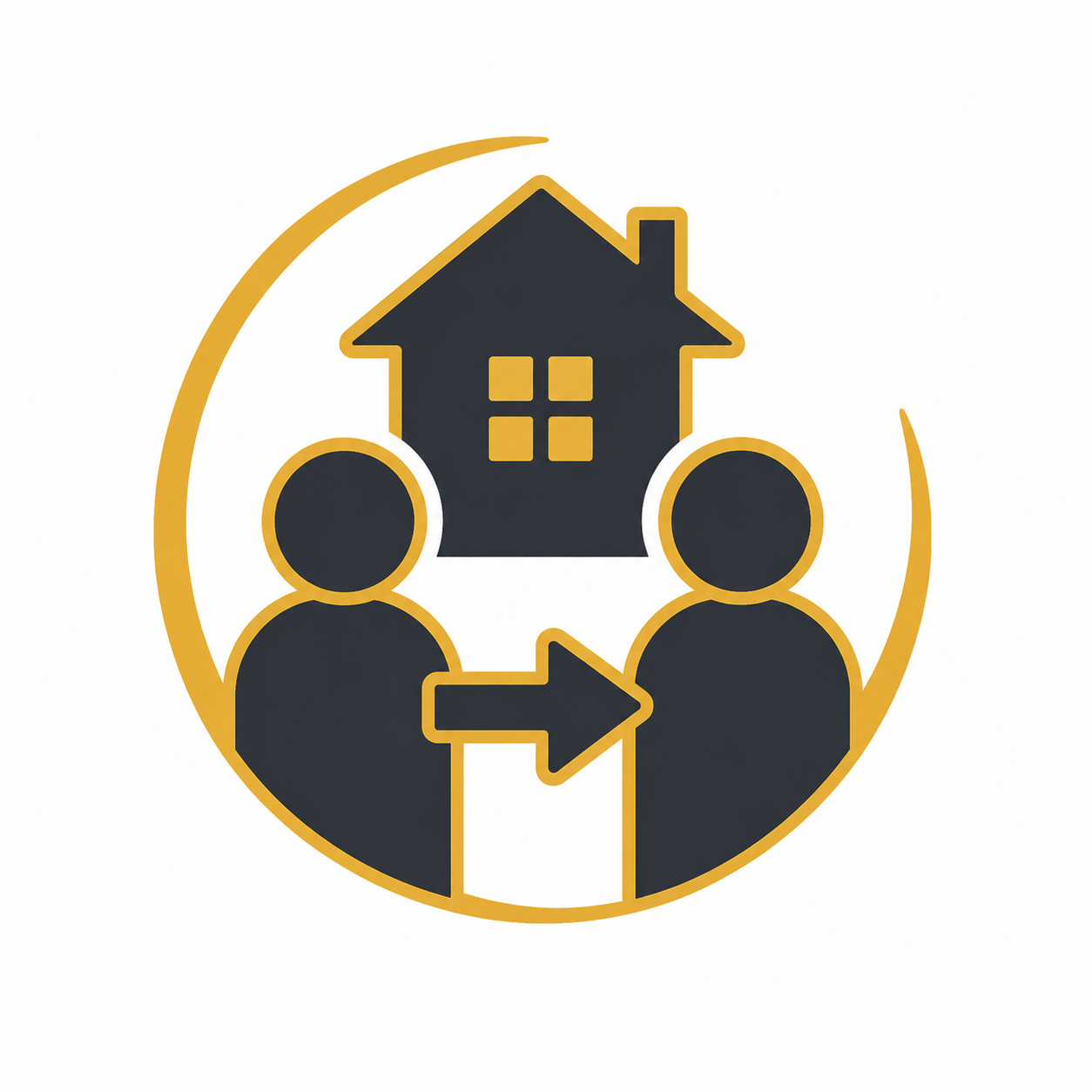 Icon representing real estate agent or property transaction, featuring a house, two people, and an arrow indicating transfer or sale.