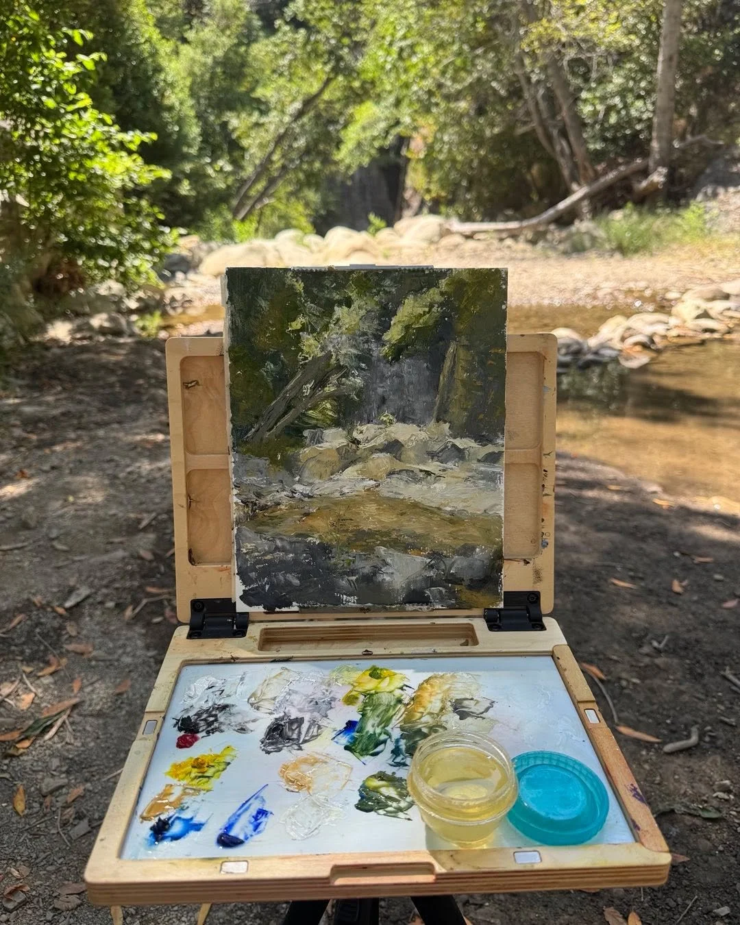 Morning along the North Fork in Wheeler&rsquo;s Gorge, Ojai, California.  #pleinair #oilpainting #ojai #Highway33