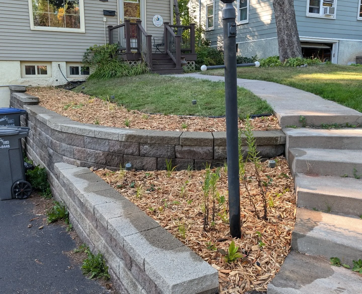 Sometimes you only need small changes to help a yard feel finished.
After ➡️ Before ➡️ Plan
This project softened a retaining wall with a no-frills native garden. The client asked to keep species in the upper garden mostly under 24 inches, with an