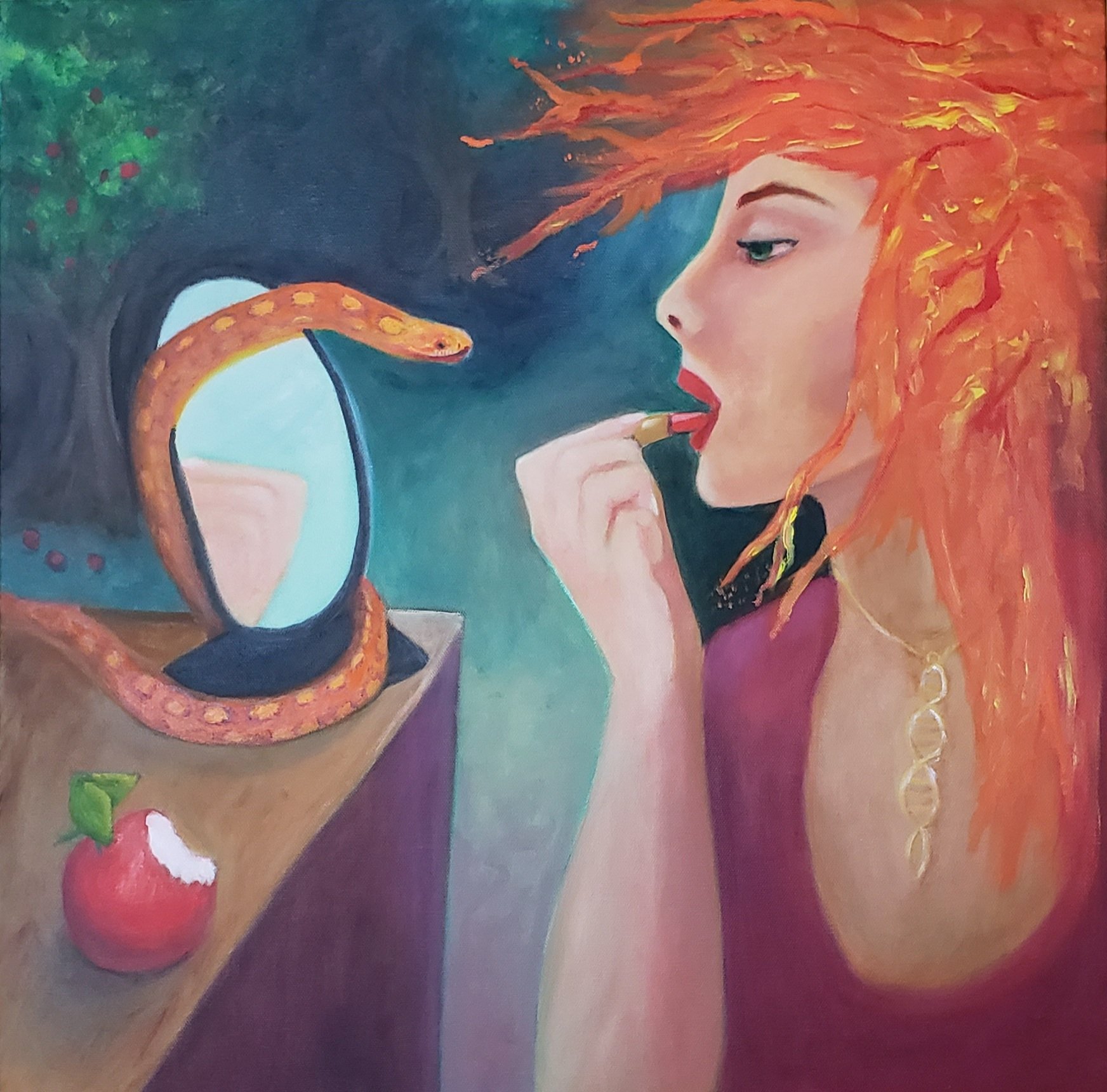 "Eve's Crossing" acrylic and oil on canvas. Growth, knowledge, curiosity, courage, independence and creativity inspire us to break free from the bindings of societal expectations and false beliefs.