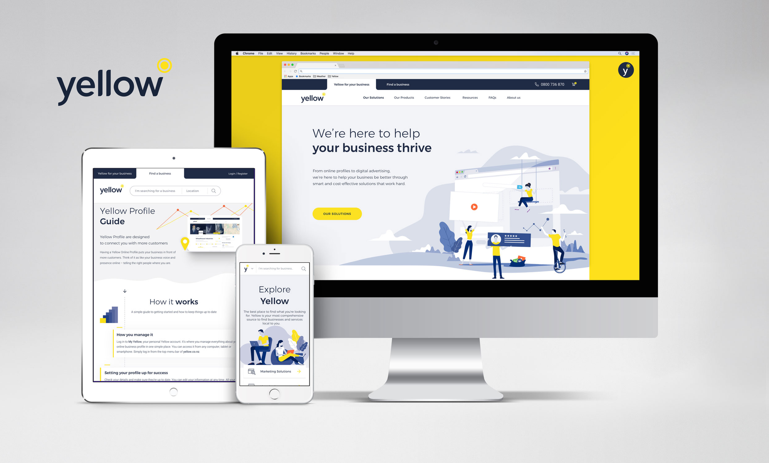 Yellow website shown on multiple devices