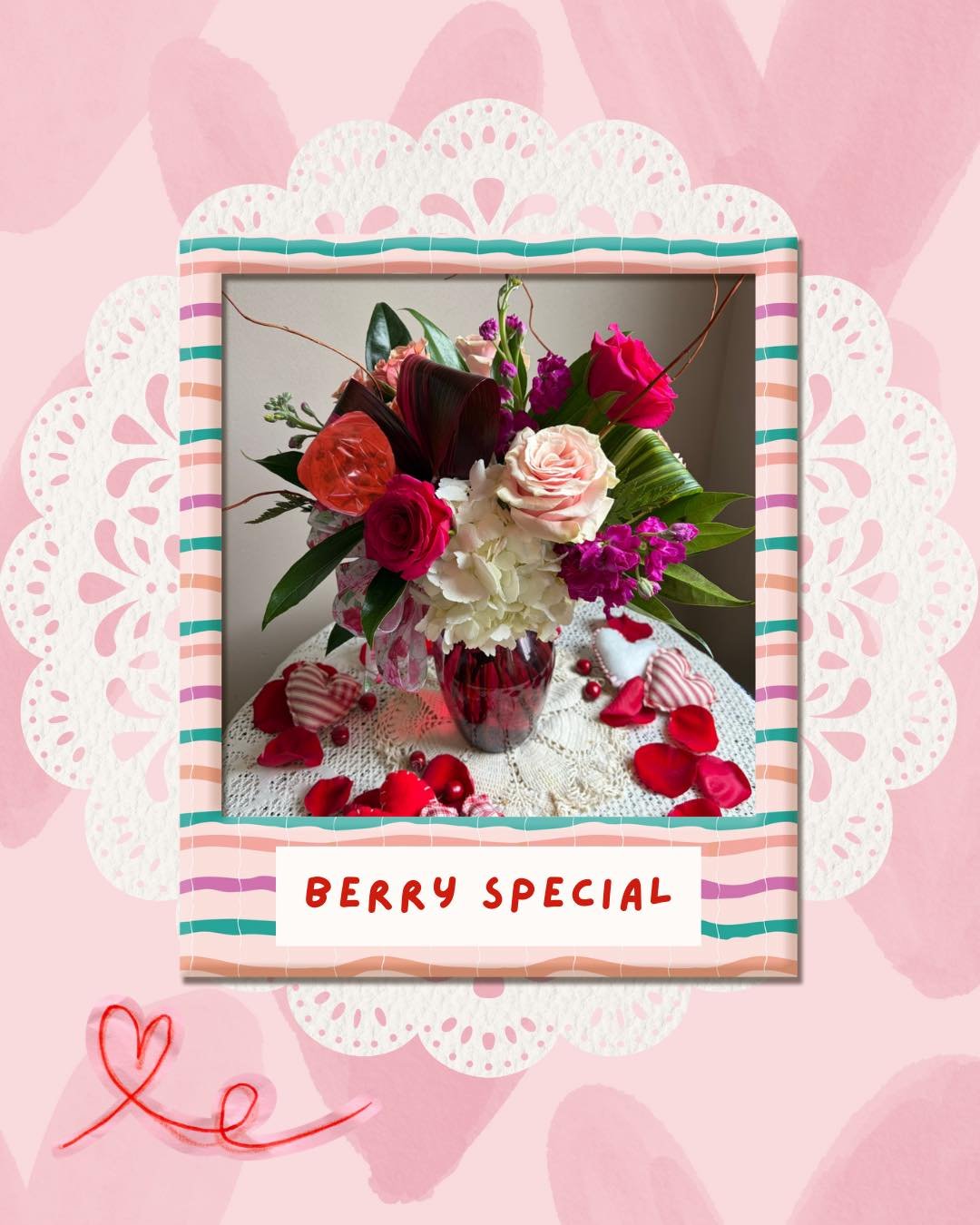 Looking for the perfect way to spoil someone you love? Our Berry Special arrangement features stunning blooms, heart-shaped red leaves, and your choice of chocolate chip or red velvet cookie from Golden Girl Sourdough &amp; More. Flowers + sweets = a