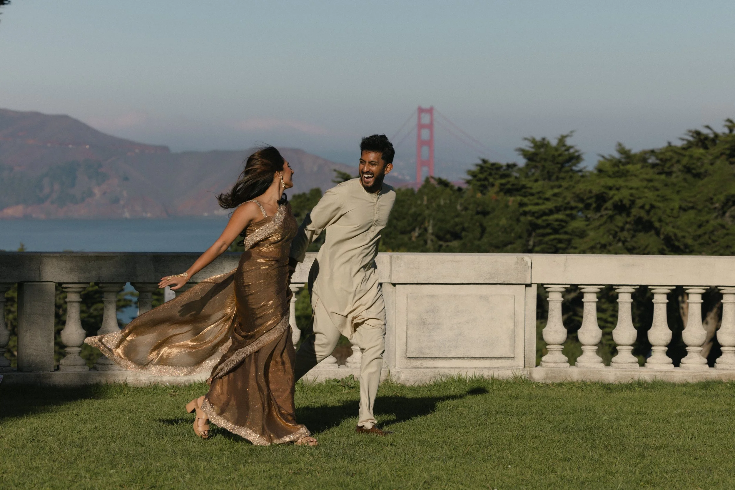 San Francisco engagement session at the Legion of Honor overlooking the Golden Gate Bridge.
