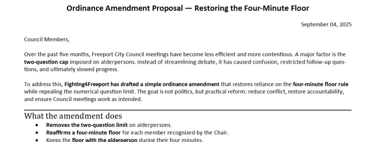 Mayor Miller’s Rule Change Stifles Freeport’s Council Floor
