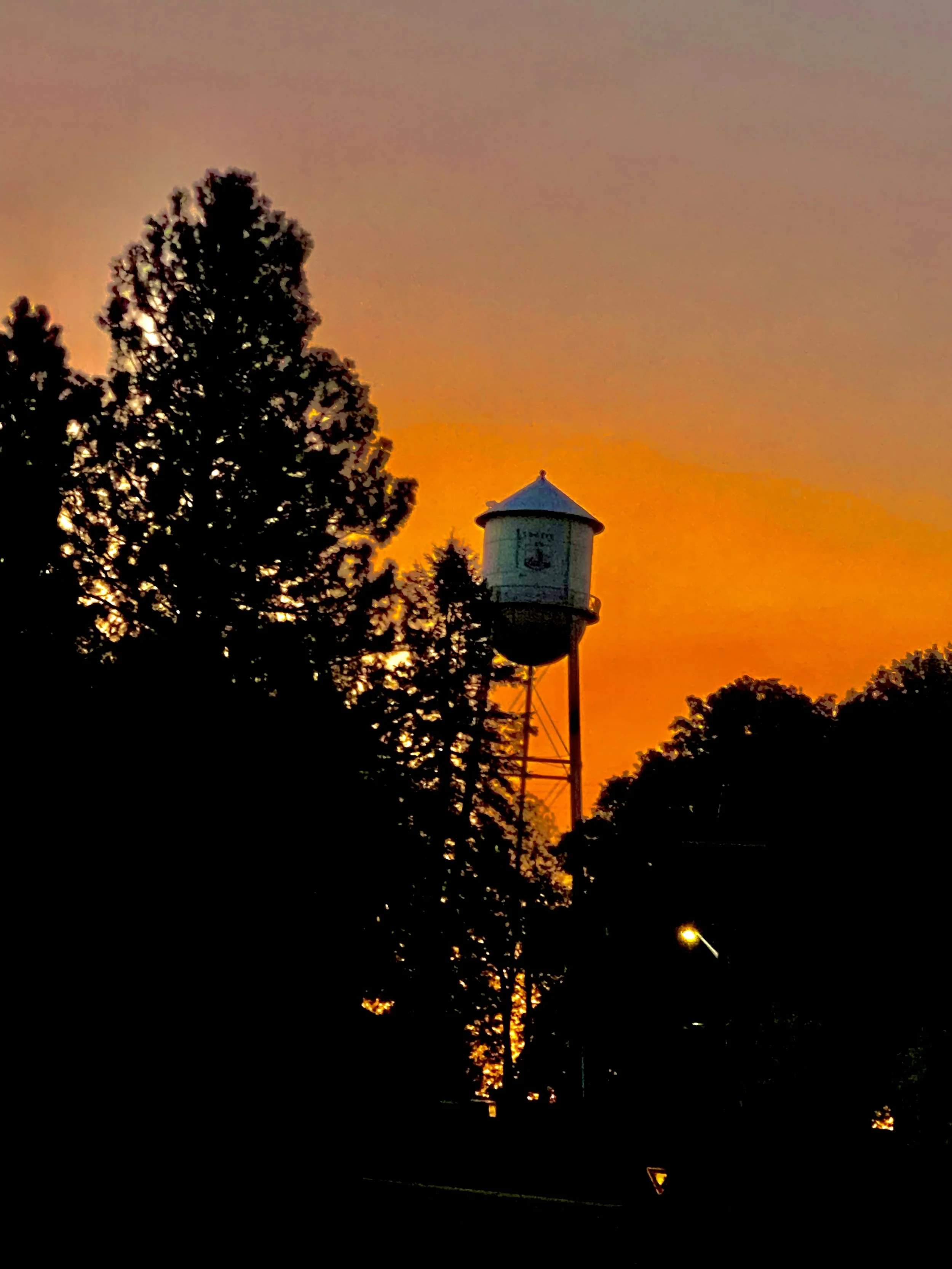 A water tower silhouetted against a vibrant orange and purple sunset sky, with trees and streetlights in the foreground. 509-995-4059, 509-283-2383