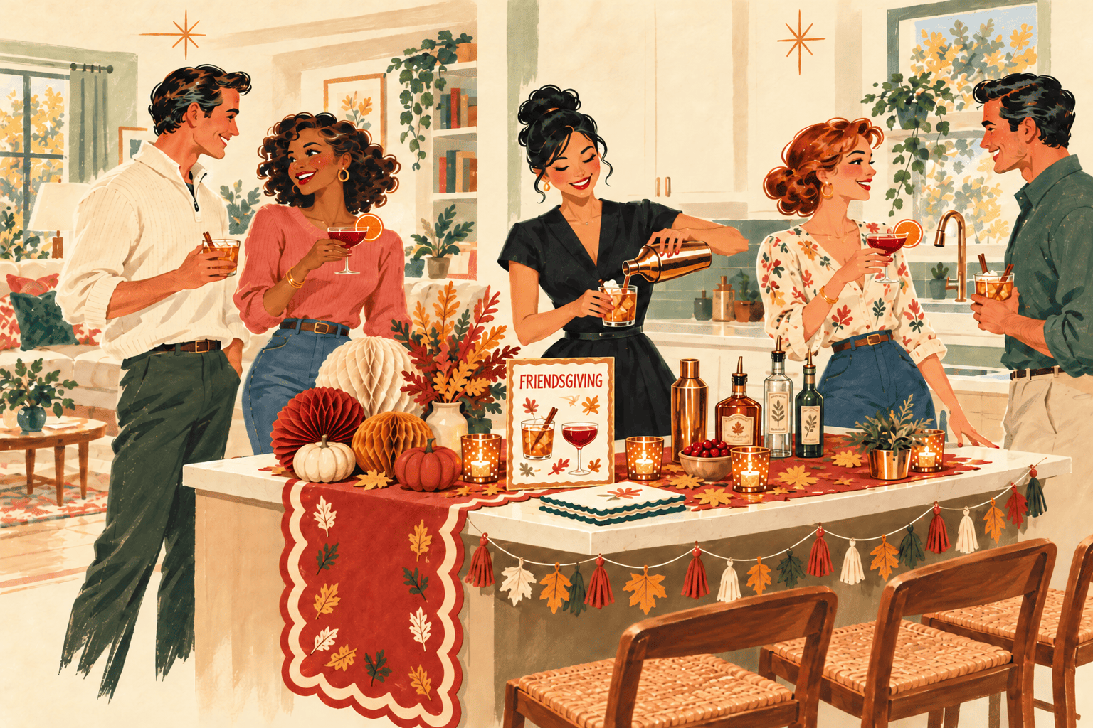A group of five people celebrating Friendsgiving in a cozy, decorated kitchen with autumn-themed decorations, candles, and food drinks. They are smiling and holding cocktails.