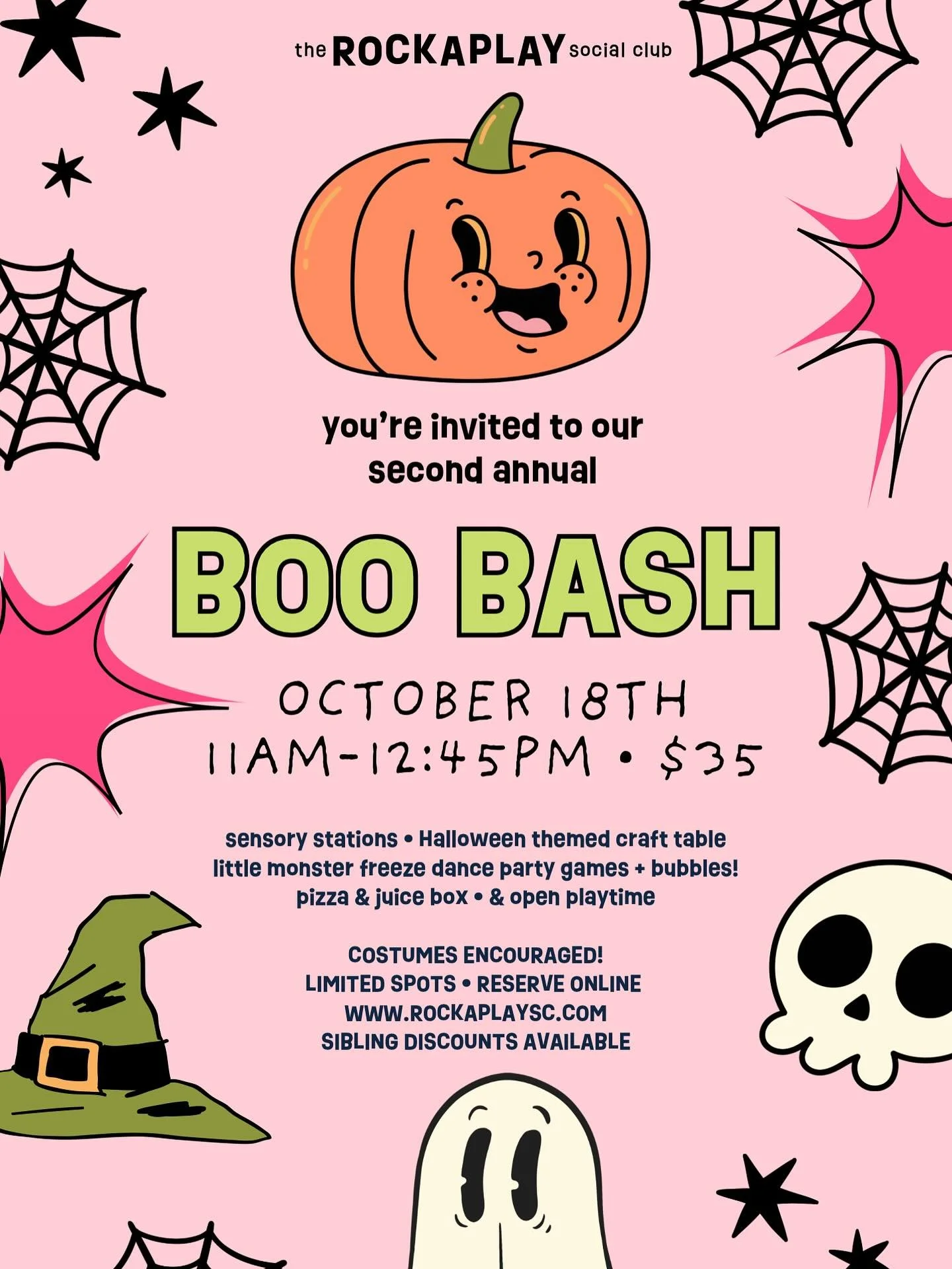 You're invited to our Halloween Party - the second annual BOO BASH! 🎃👻💖
Join us for spooky sensory stations, a Halloween themed craft table, little monster freeze dance party games + bubbles (!) &amp; open playtime 🤩
Pizza &amp; juice box include