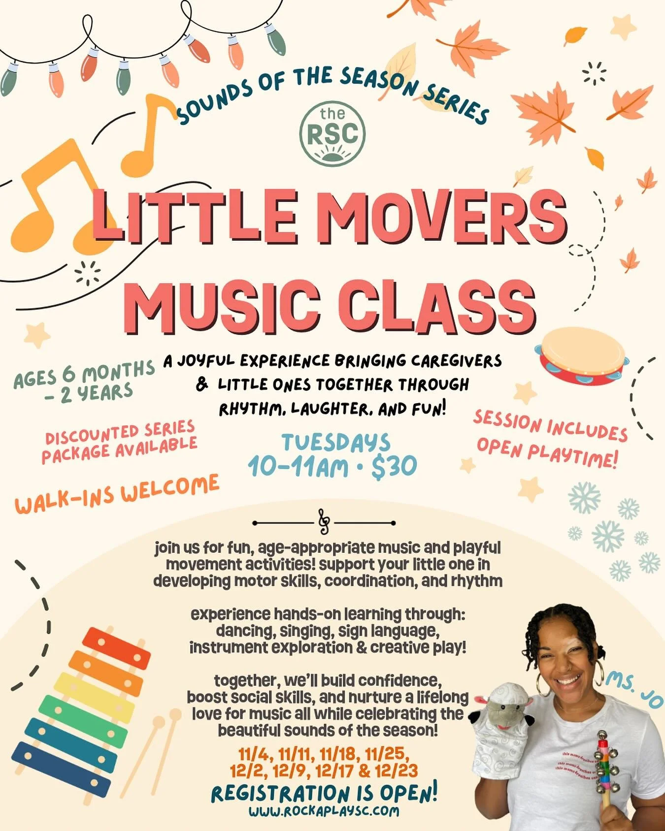 🎶 The more we get together, the happier we&rsquo;ll be! 🎶

Our next Little Movers Music Class series starts NEXT WEEK! 🥳
We&rsquo;re celebrating the cozy transition from 🍂 fall to winter ❄️ with new themed songs, movement, and sign language!

✨ D