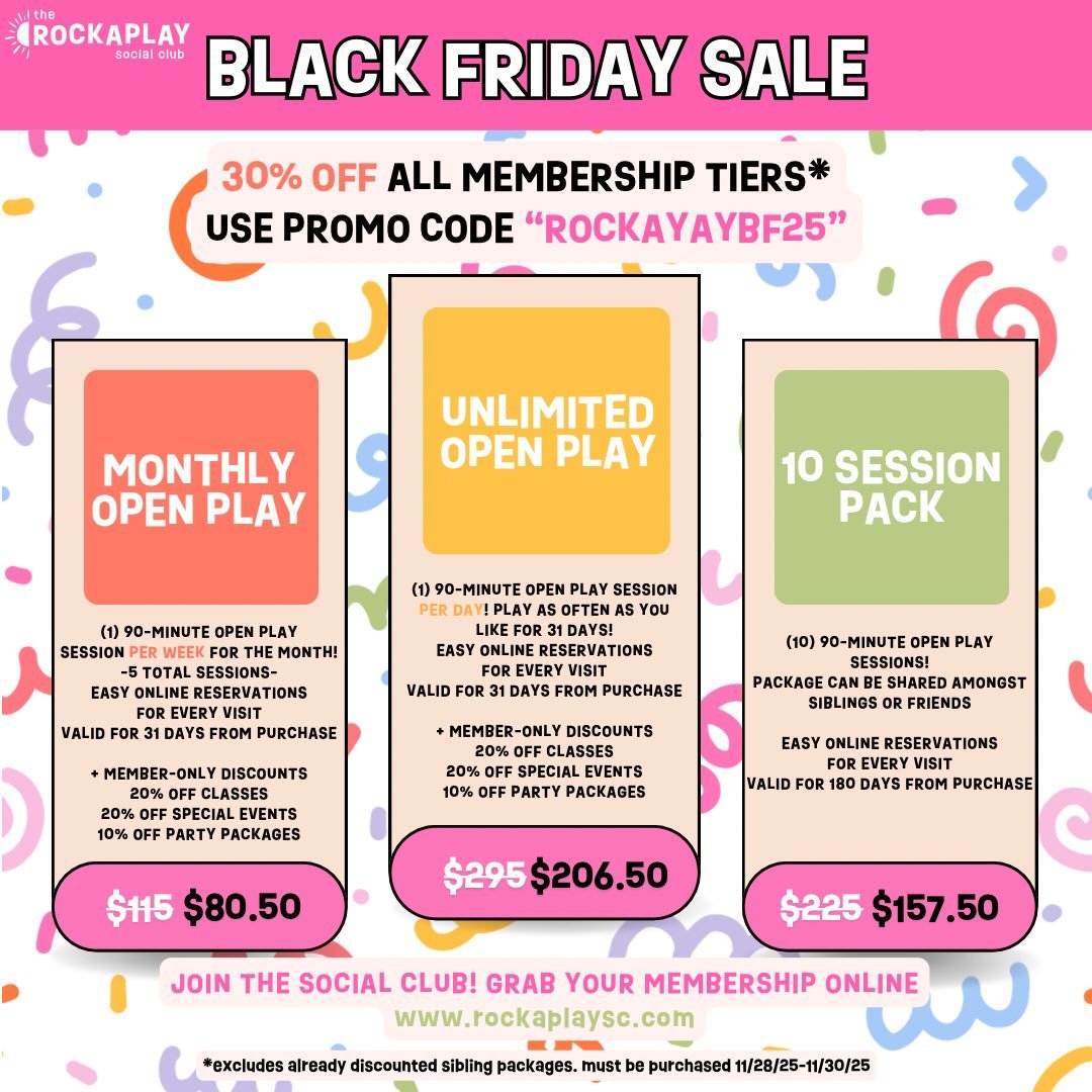 Black Friday is here&mdash;and it&rsquo;s bringing ALL the fun!!!!
Our big savings for your tiny humans are officially live! 🤗🤗🤗 www.rockaplaysc.com