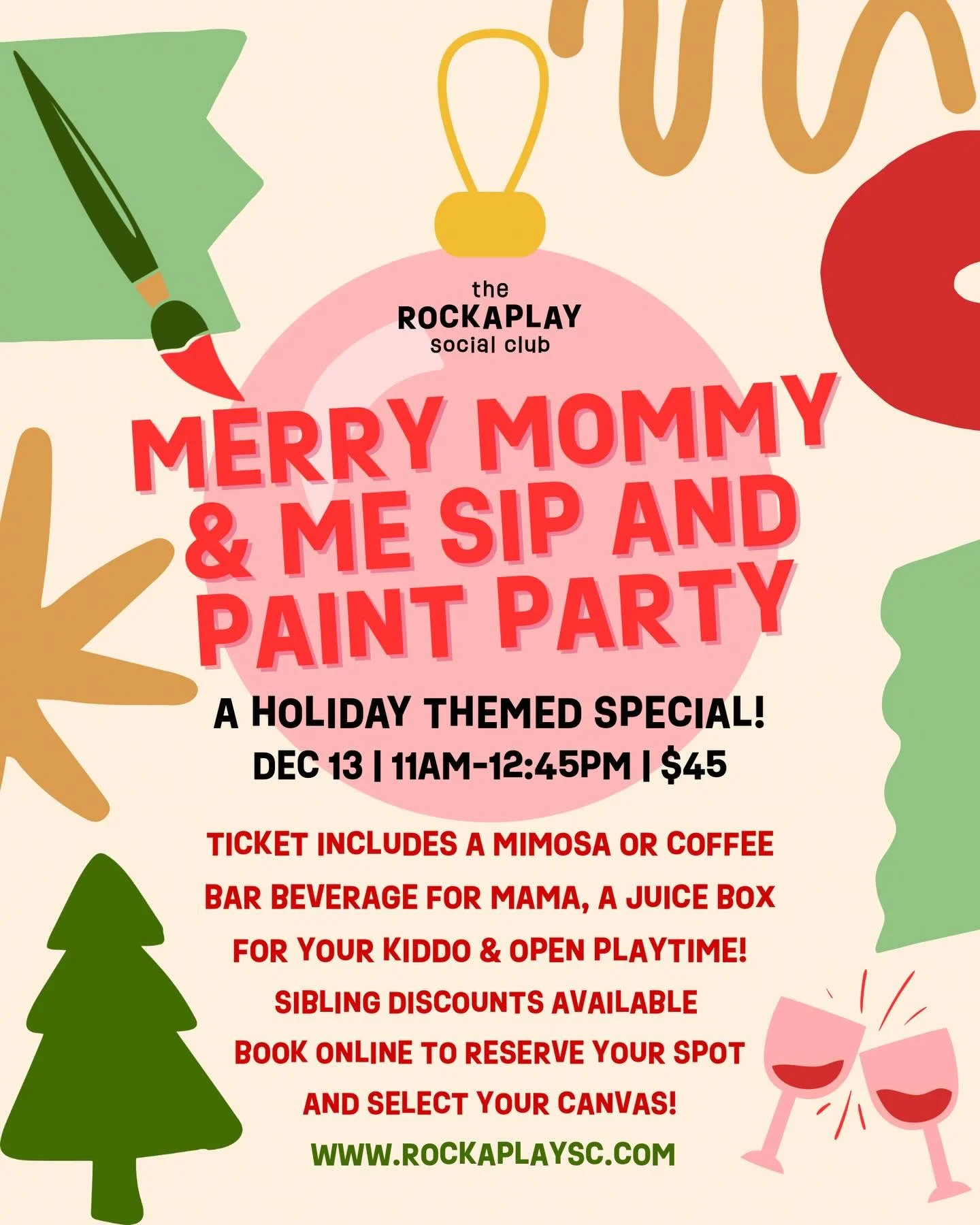 So excited to welcome @mamabreatheeasyco Back for our holiday paint and sip party! Merry Mommy and Me 🎄✨💕🎨
Reserve online and select your canvas! www.rockaplaysc.com

Canvas choices: 
- Festive gnomes
- Let it Snow: Snowman
- Winter cabin in snowy