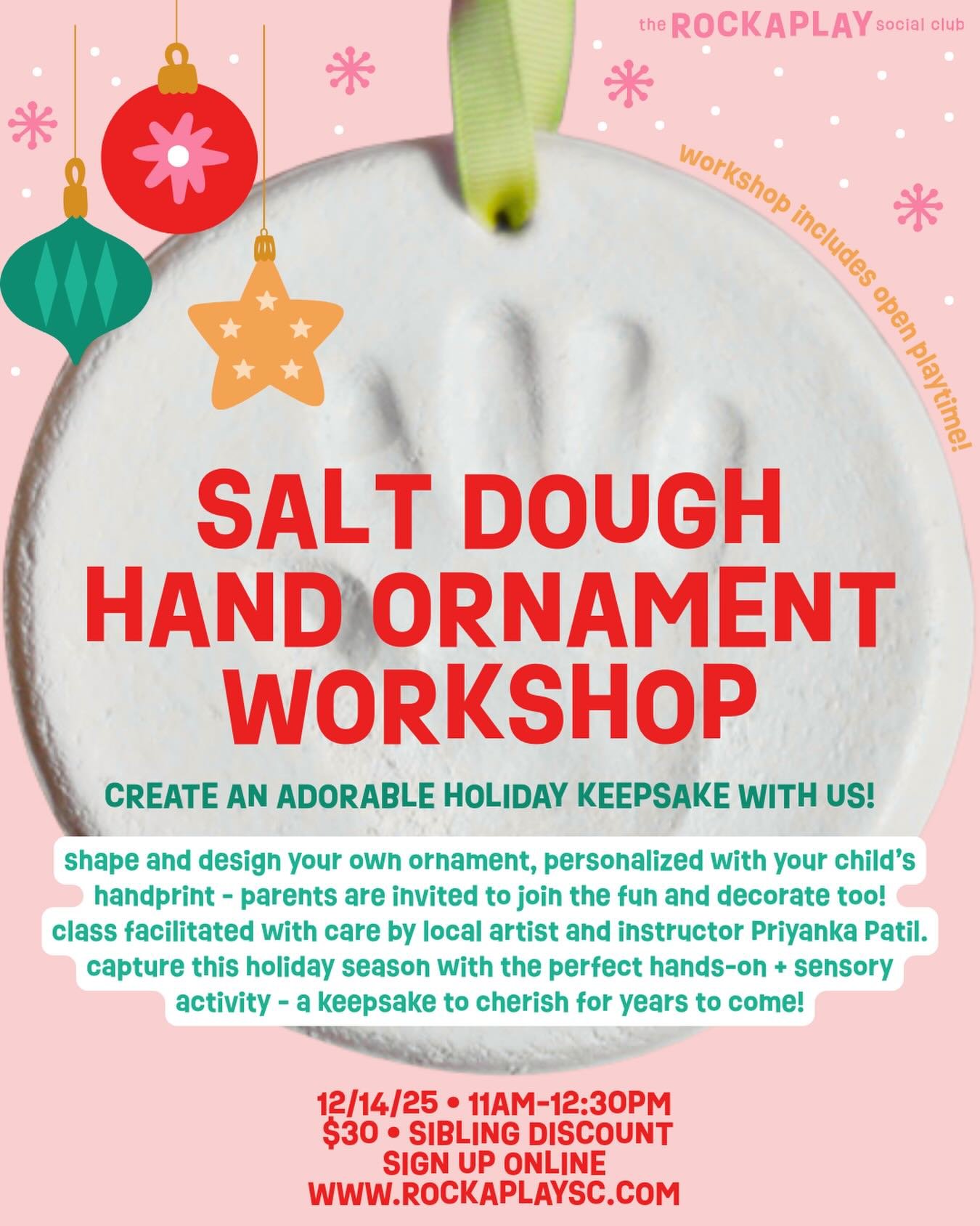 Create an adorable holiday keepsake with us at our salt dough hand ornament workshop on 12/14 ❤️🎄 class includes open playtime!! sign up online www.rockaplaysc.com
