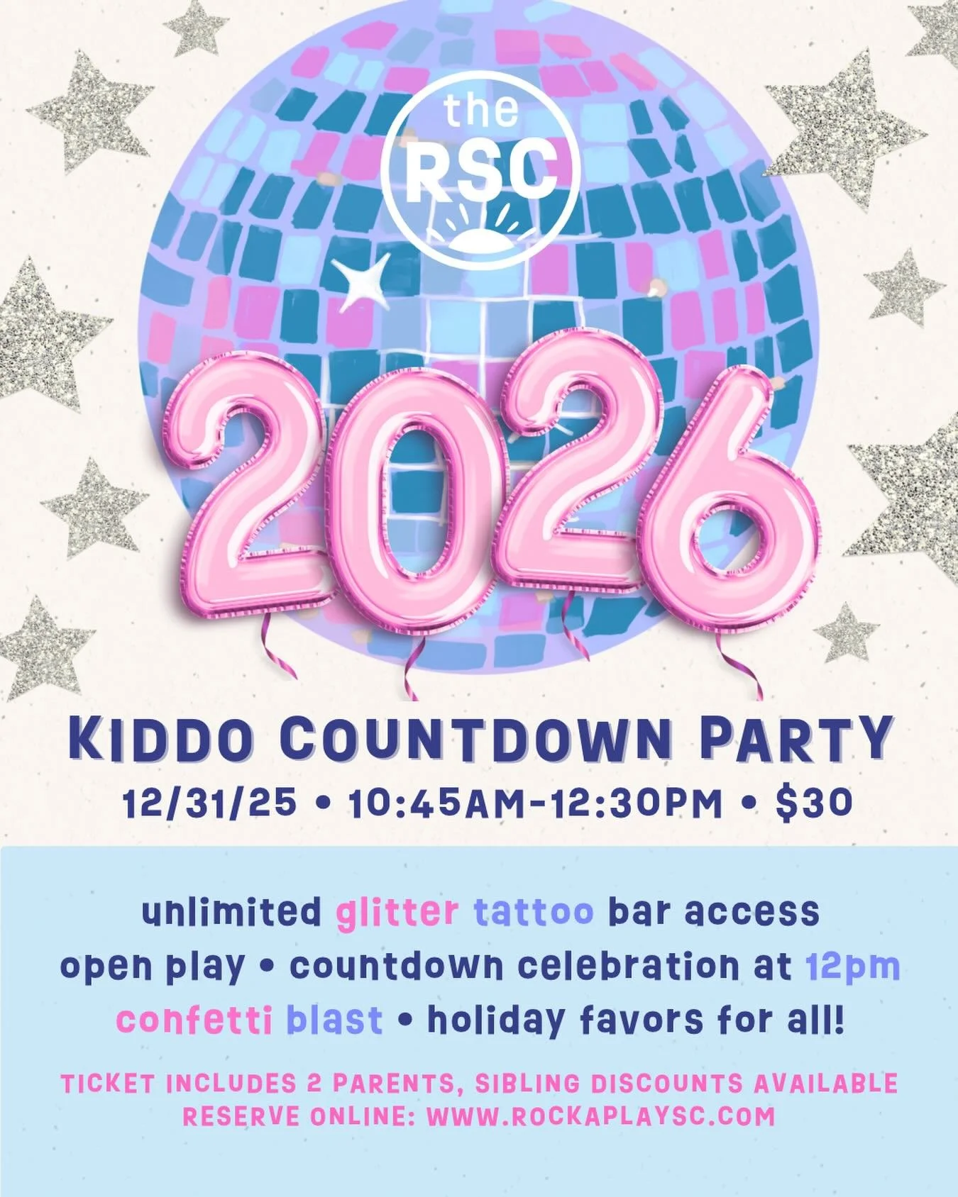 Our second annual Kiddo Countdown SPECTACULAR is just around the corner! Ring in 12PM on NYE with us and your families with a memorable, glittery, fun-filled celebration! 🪩💖
Sign up before we sell out!! www.rockaplaysc.com