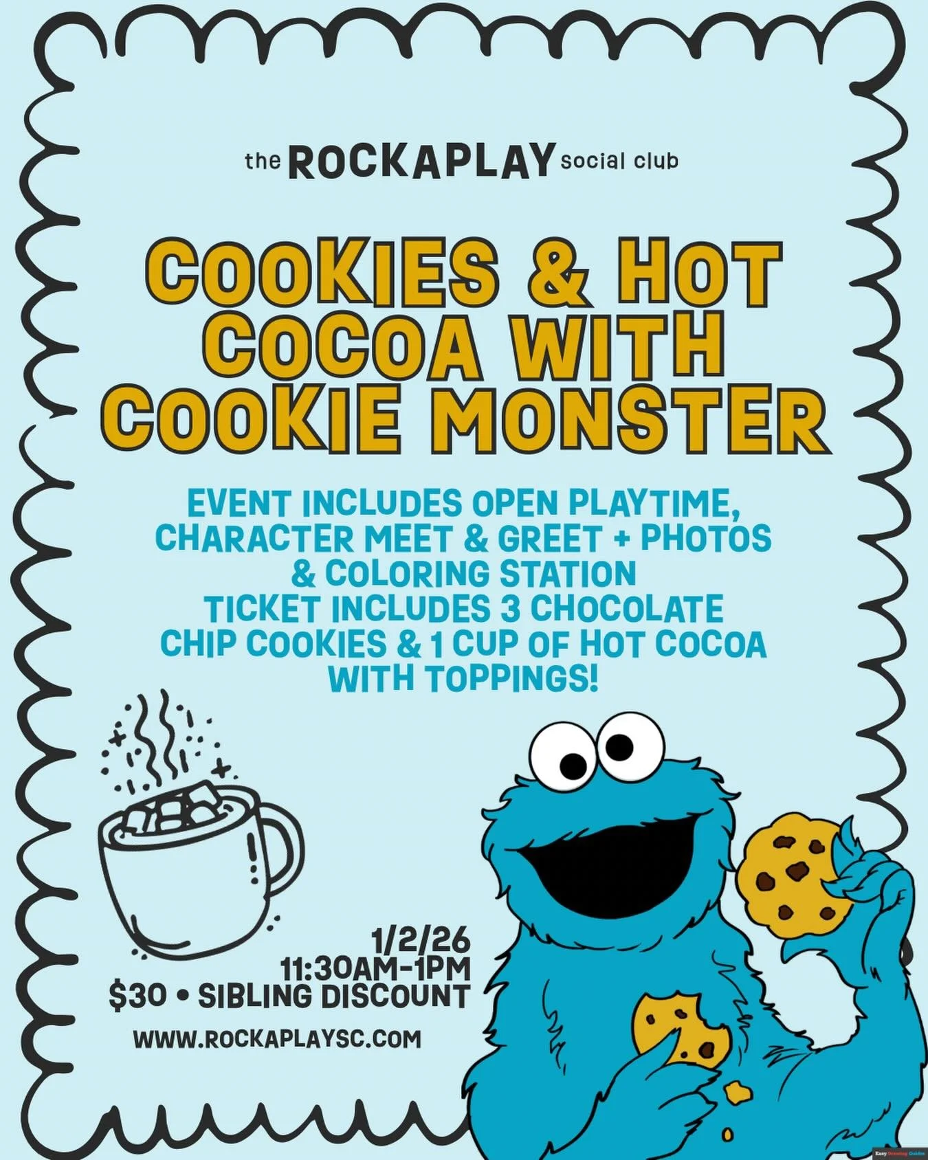🍪☕ Cookies &amp; Hot Cocoa with Cookie Monster! 💙❄️
Winter break just got sweeter! Bring the kids out for a cozy, fun-filled play date enjoying cookies, hot cocoa, coloring and a special visit from Cookie Monster!
Sign up online: www.rockaplaysc.co