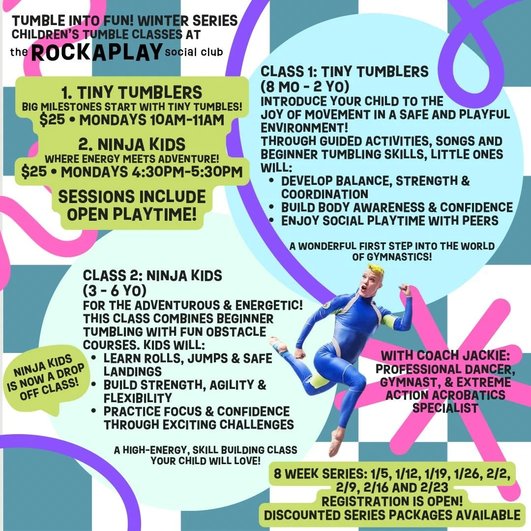 ❄️ Winter break may be ending&hellip; but the 2026 fun is just getting started! 🤸&zwj;♀️
Our NEW tumbling classes kick off TOMORROW!
Time to flip, roll, jump, and burn off all that winter energy! Discounted series packages available! www.rockaplaysc