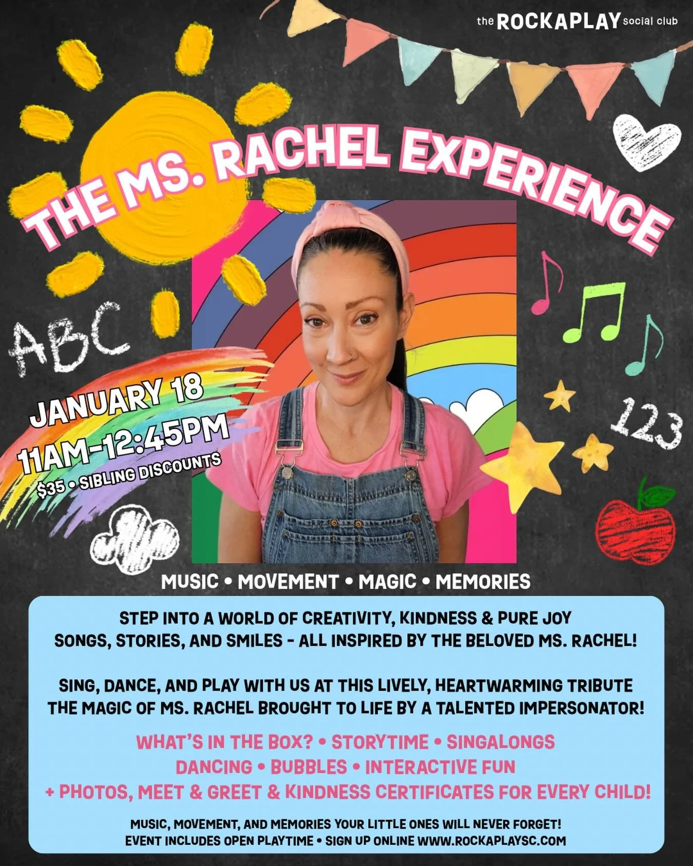 It&rsquo;s BACK! 💕🎶🌈
The Ms. Rachel Experience is returning to Rockaplay on 1/18 for another magical morning!
🫧✨ Spots go fast - our last one SOLD OUT, so be sure to register online!
We&rsquo;re so excited to welcome you back, @missfurey 🥰