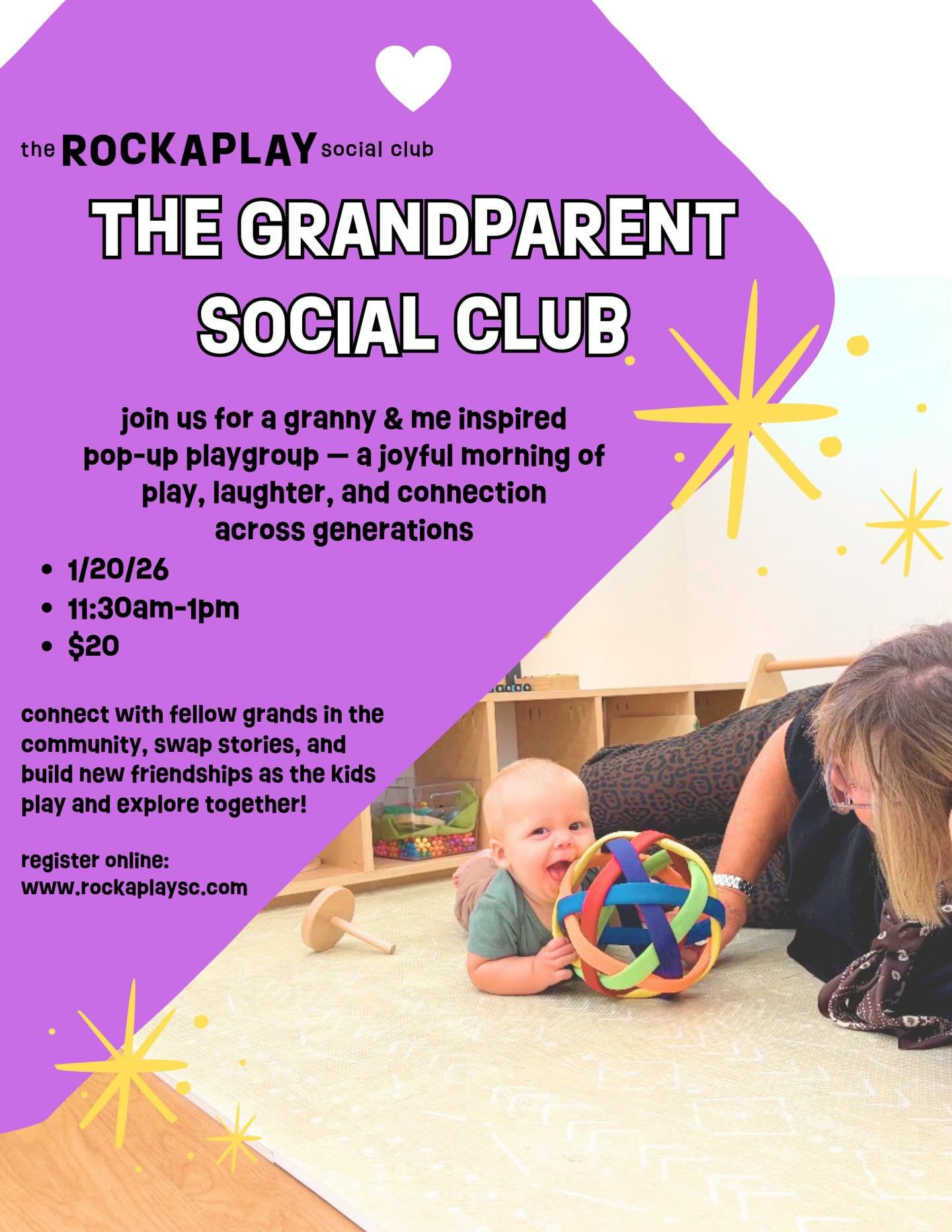 🥰 The Grandparents Social Club will be meeting again on 1/20! Sign up online - www.rockaplaysc.com