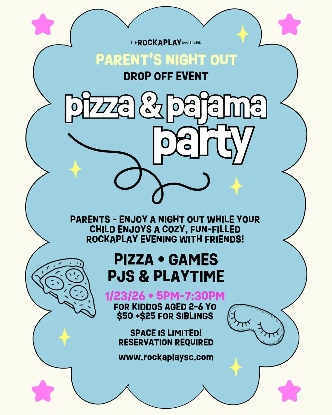 Hey parents! Overdue for a date night? We&rsquo;ve got you!! 
On 1/23 drop your kiddos off in their jammies for a super-fun play date with pizza, games, and playtime - all in a safe, happy, fully supervised environment. Then head next door to one of 