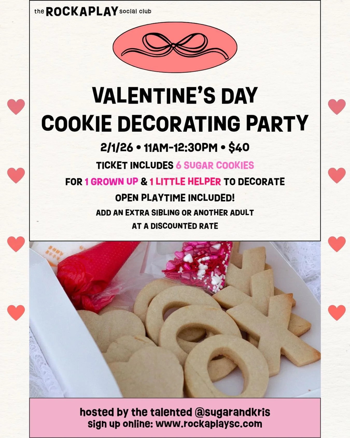 While winter does its thing outside ❄️, we&rsquo;re staying warm thinking about frosting, sprinkles, and Valentine magic 💕🍪
Join us on 2/1 for a cookie decorating party hosted by the wonderful @sugarandkris ! 🥰 Perfect for little bakers and their 