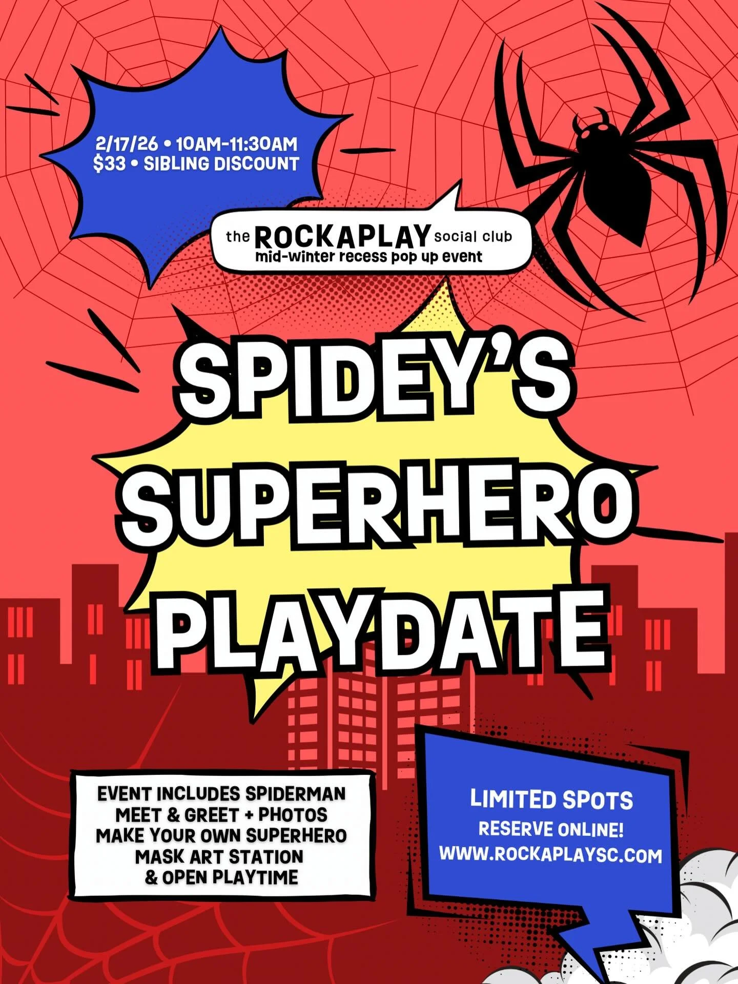 Attn, all! Spidey is coming to Rockaplay 🚨‼️
Join us on 2/17 for an unforgettable superhero play date 🦸😎
Sign up online www.rockaplaysc.com