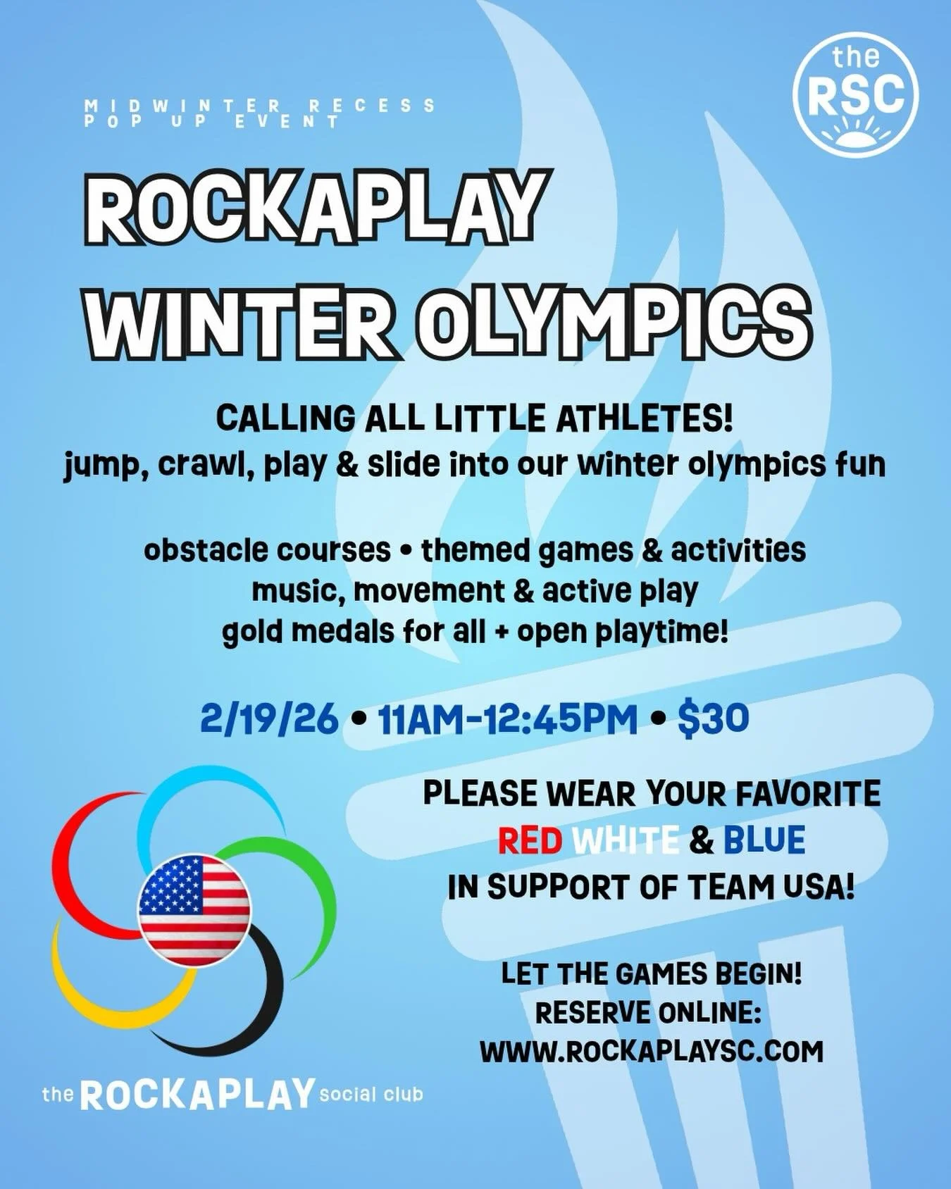 Excited about the Winter Olympics? Us too! Join us for our very own Rockaplay Winter Olympics on 2/19 at 11am! Please wear red, white and blue in support of team USA 🇺🇸 ✨
Let the games begin! Sign up online www.rockaplaysc.com
