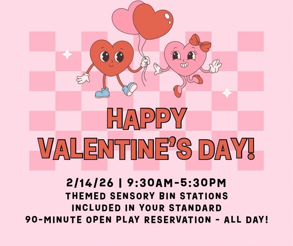 Love is in the air (and down our slide!)
Join us for open play all day long on Valentine's Day! Themed sensory bin station are included in your standard 90-minute open play reservation 💕💝💌💖

Happy Heart's Day !