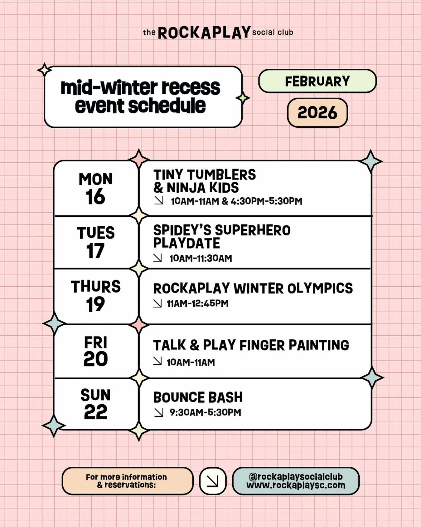 Happy break! Looking for some fun plans? Join us for open play or one of our special events (and a delish coffee 😊)
www.rockaplaysc.com for more info &amp; reservations 💕✨