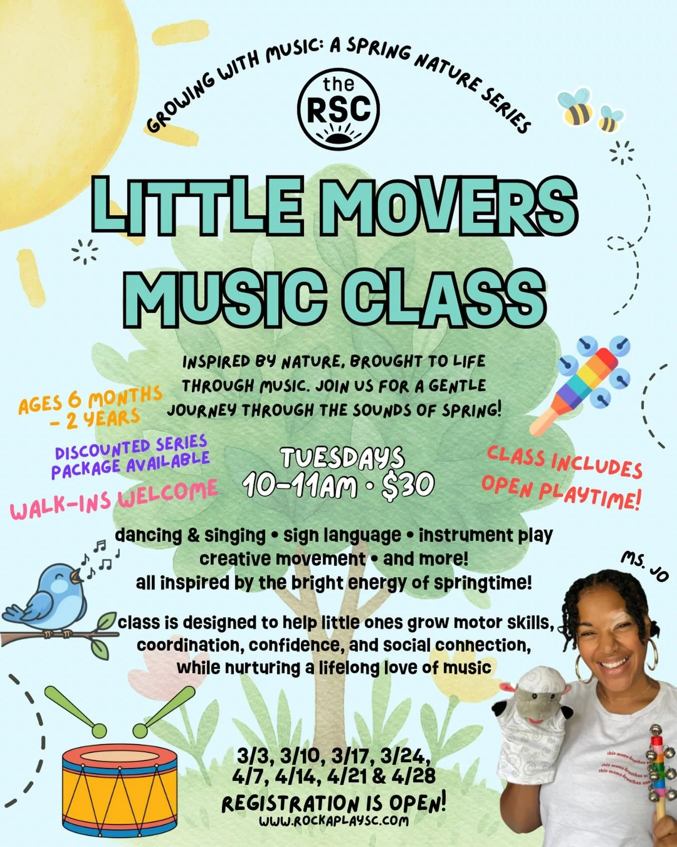 Our Little Movers Spring Nature Series starts next week! Grow with Music 🎶 🌿🪴🐝☀️ Join us for an 8- week series of dancing &amp; singing, sign language, instrumental play, creative movement and more! Open playtime included!!
Discounted series pack