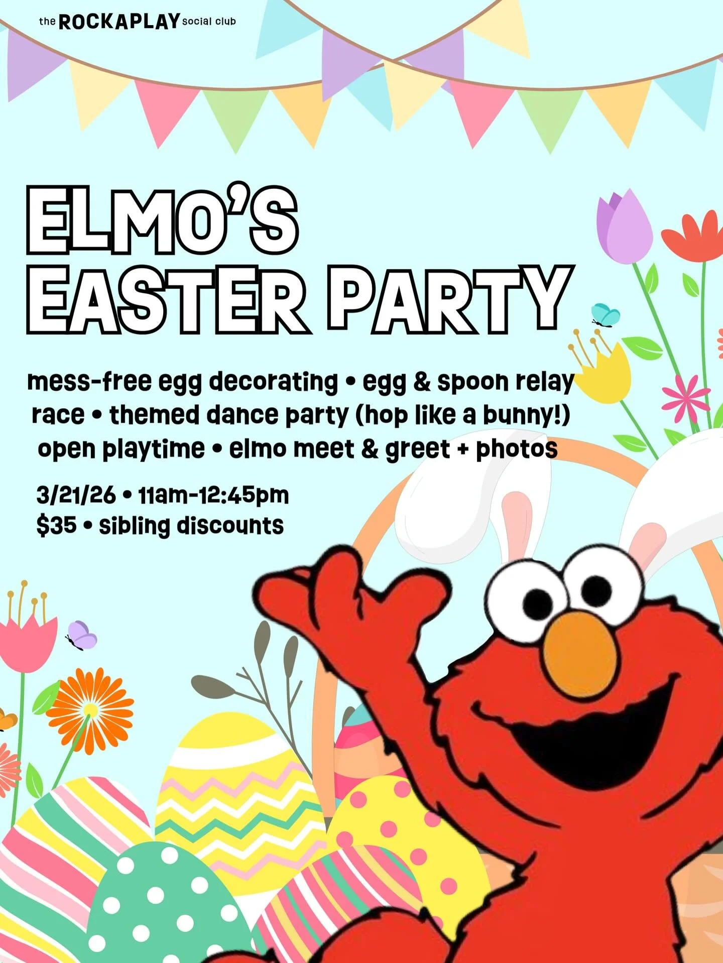 🐣💖 Hop on over for the sweetest Easter celebration - crafts, games, giggles, dancing, and the most adorable, egg-stra special spring vibes with Elmo! 🐰🌷 Spots are limited! Sign up online: www.rockaplaysc.com