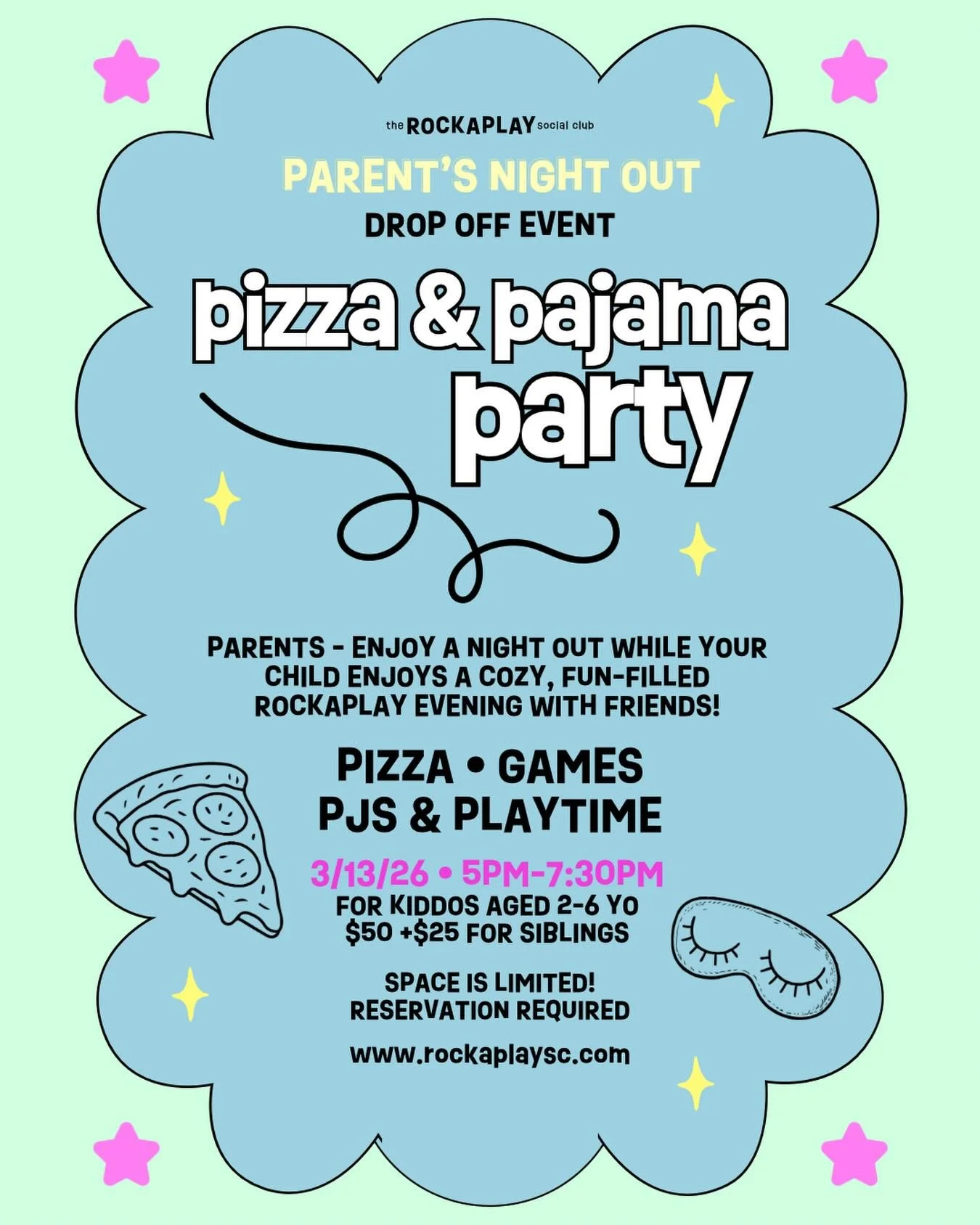 Hey, parents - start planning your date night! 
Enjoy some evening plans (maybe at one of our awesome neighbors  @pilothouse_ny @rockawaytikibar @batesysbbq ) while your child enjoys a cozy, fun-filled Rockaplay pizza &amp; pj party with friends! Lim