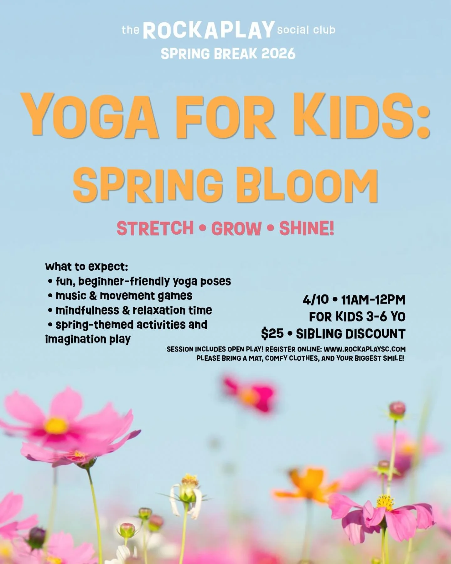 Stretch, grow &amp; shine with Ms. Laura at our special spring break pop up event! Yoga for Kids: Spring Bloom &bull; 4/10 &bull; 11am-12pm 🌸💞🧘🏻&zwj;♀️
Reserve online www.rockaplaysc.com