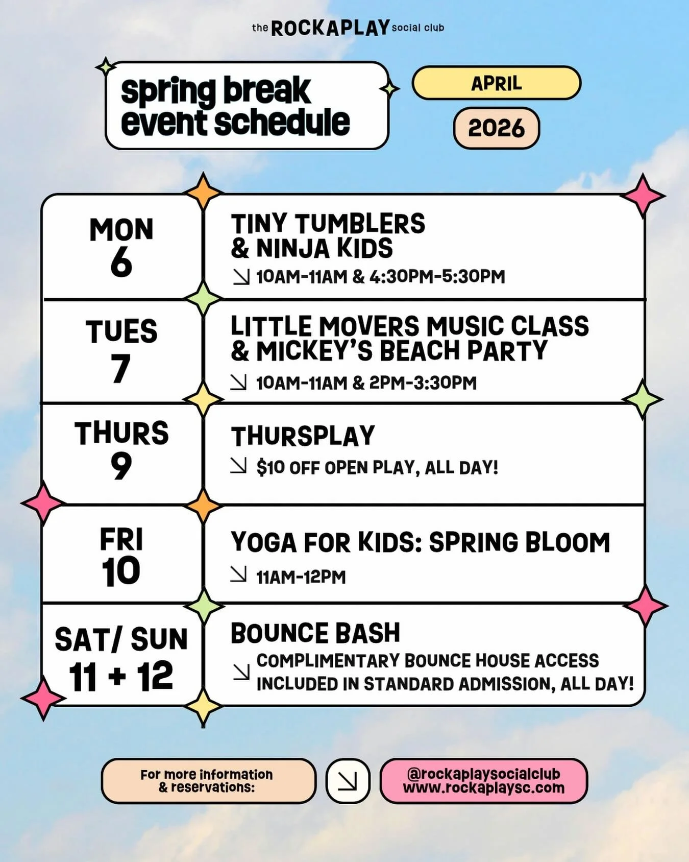 Spend your spring break with Rockaplay ! ☀️😎
Something fun for everyone - www.rockaplaysc.com