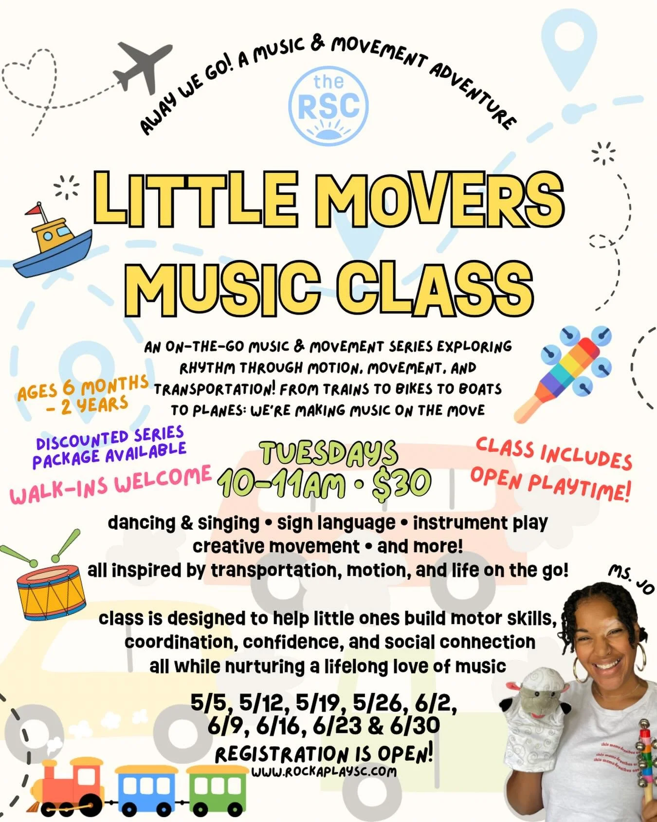 Hey, Little Movers! Our next series "Away we Go!" Starts this Tuesday ✈️🚂🚲🚗🛶
Discounted series package is now available online! Or join us for a drop in. We can't wait to sing, learn, dance and play together 🎶🥁☀️