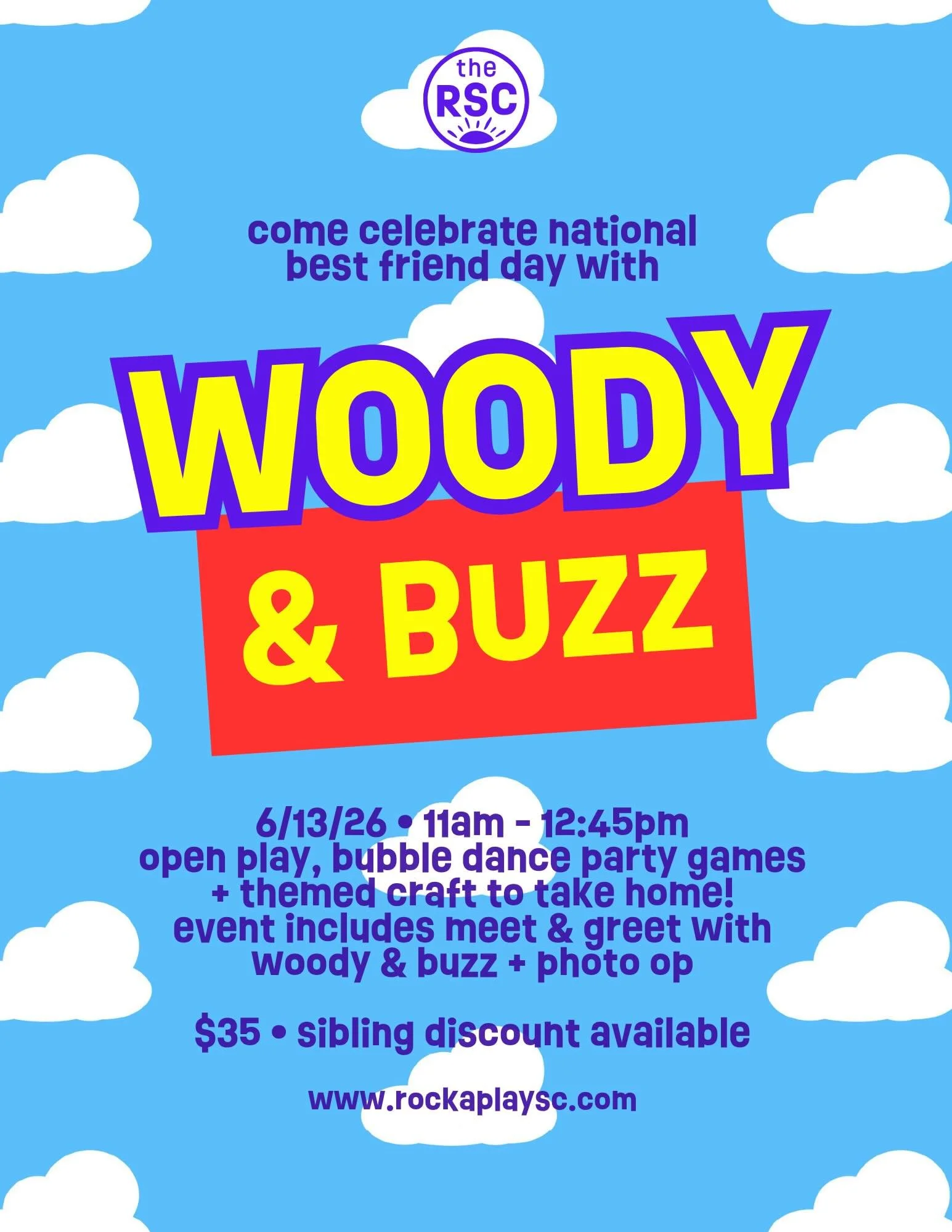 Excited about Toy Story 5? Us too!! Join us on 6/13 for our second annual best friend day celebration with everyone's favorite besties Woody &amp; Buzz! 🤠🚀💕
Open playtime. Bubble dance party games, themed craft and character meet and greet 😊 Sign
