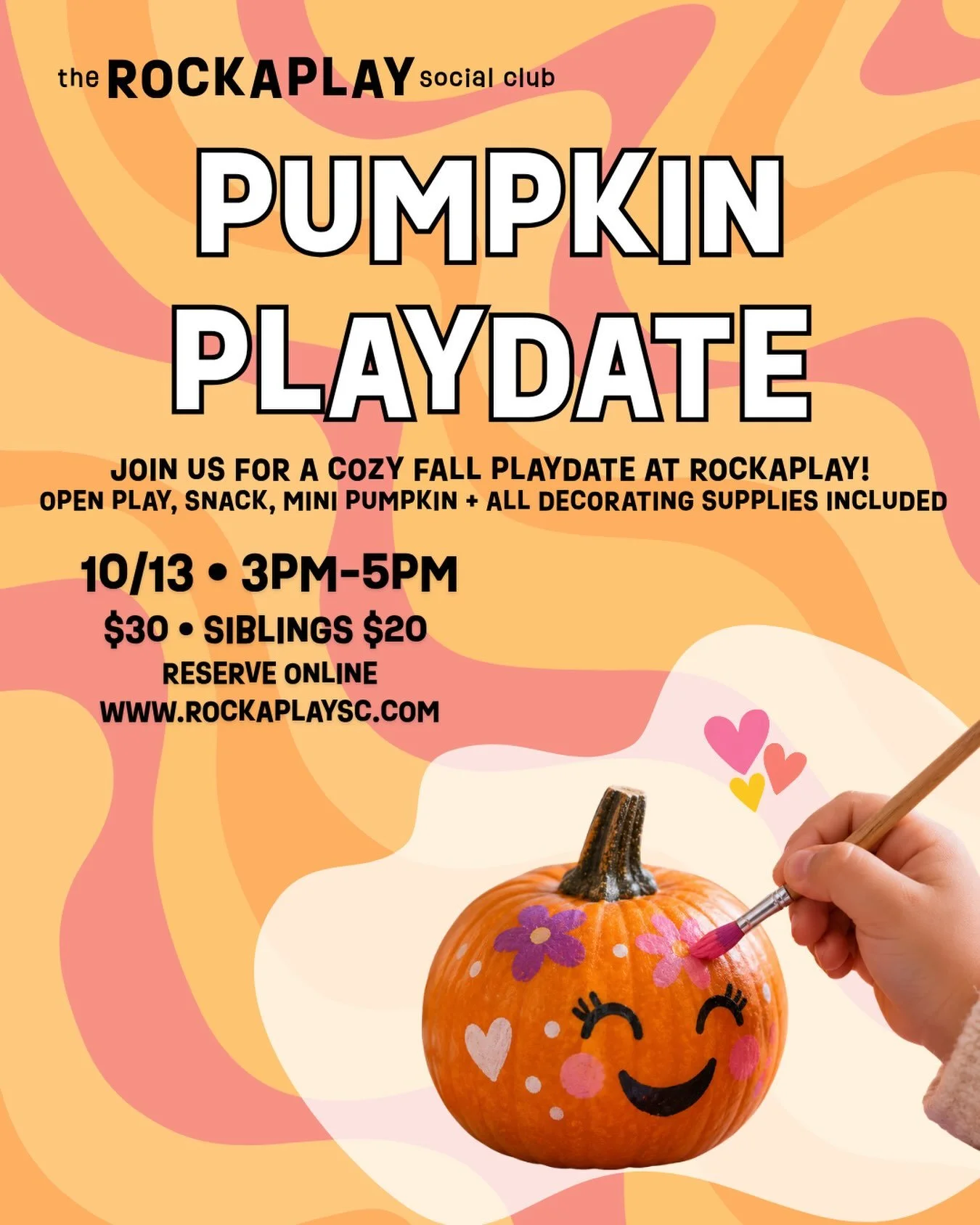 Join us for a cozy afterschool play date!!
🎃🎨💕

Each little artist will get their own mini pumpkin to paint + decorate and take home! Open play and a snack are included too ✨

Tuesday 10/13 &bull; 3&ndash;5pm
$30 &bull; siblings $20

Come make a l