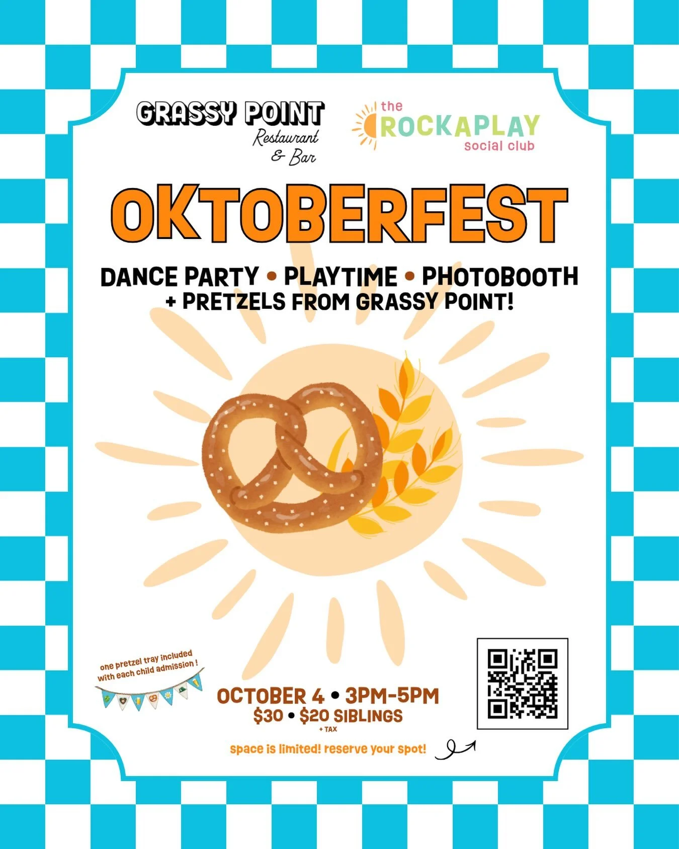 So very excited for this pop-up event with our dear friends at @grassypointny 💛

You&rsquo;re invited to Rockaplay&rsquo;s Oktoberfest! 
10/4 &bull; 3&ndash;5PM &bull; $30 + tax

Each child&rsquo;s ticket includes a special Oktoberfest pretzel tray 