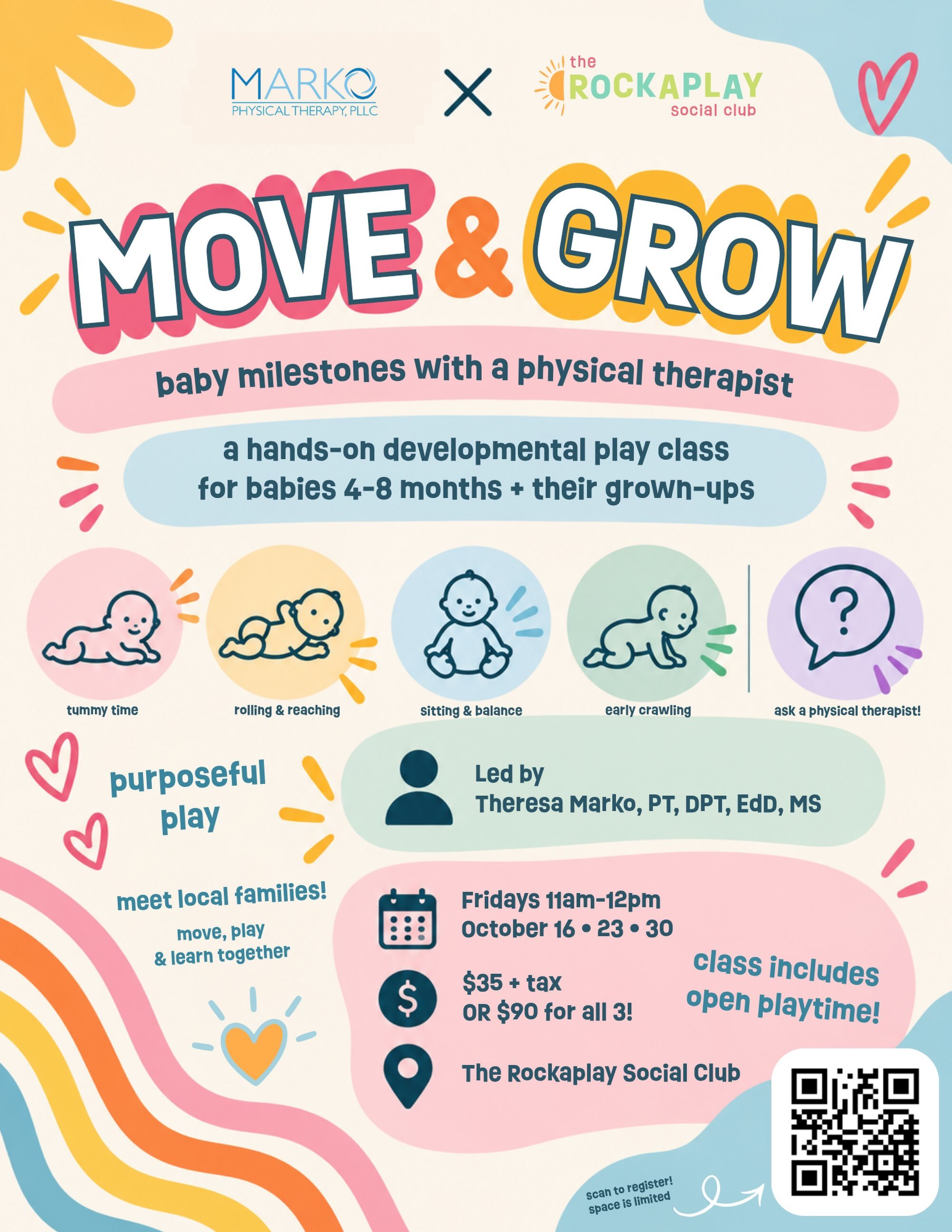 NEW CLASS SERIES AT ROCKAPLAY! 👶🌈 

What should my baby be doing next? Rolling? Sitting? Reaching? Getting ready to crawl? And what can I do at home to help?

We&rsquo;re so excited to welcome Dr. Theresa Marko to Rockaplay for MOVE &amp; GROW: Bab