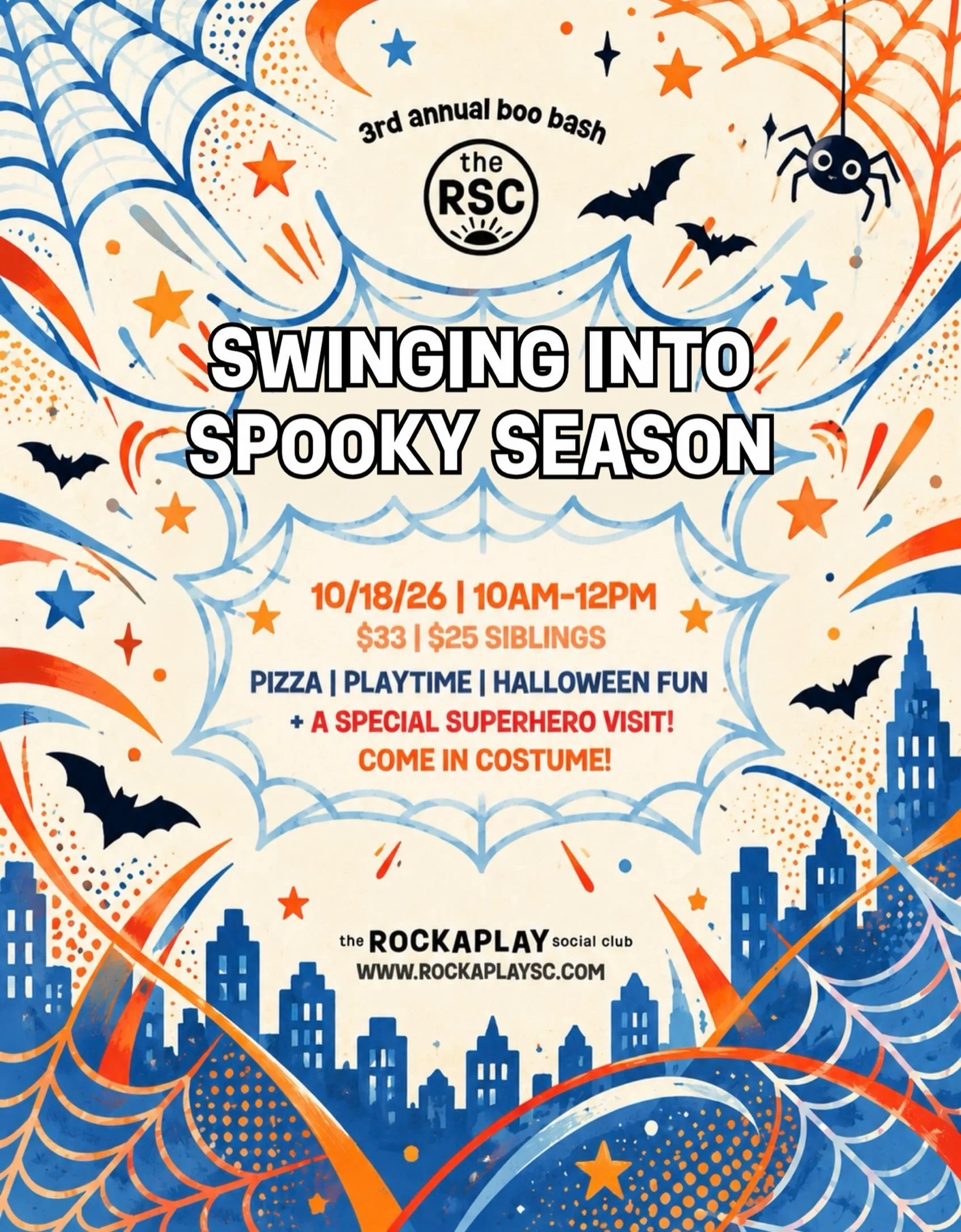 You're invited to our third annual Boo Bash! This year&rsquo;s Halloween Party will be hosted by everyone's favorite superhero!! Any guesses? 🕷️ Swing into Spooky Season with us - pizza, playtime, Halloween fun! 👻🎃🕸️ Lots of a photo ops with our 