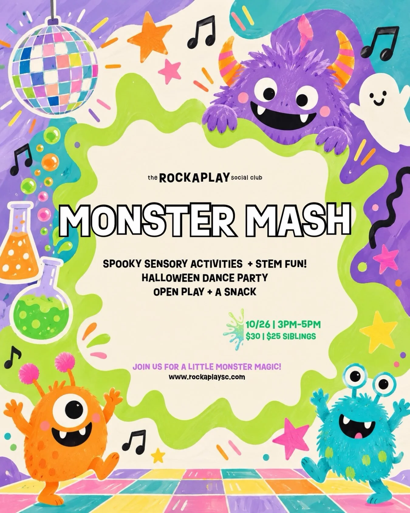 Join us for some monster magic! A Halloween themed after-school playdate! 💜💚

Monster Mash will be bringing alllll the creative Halloween vibes with spooky sensory activities, STEM fun, music, dancing &amp; plenty of playtime!

Sign up online www.r