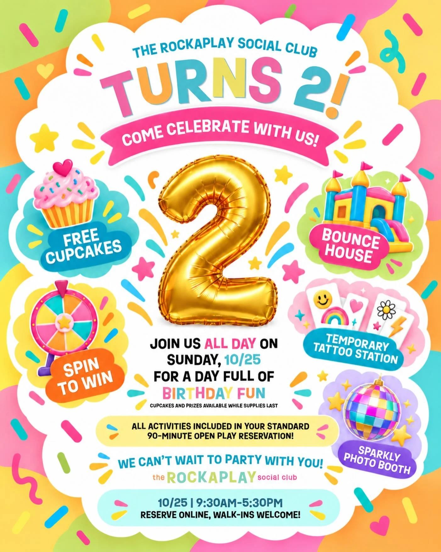 It's almost our birthday!!!! 🎉💖✌🏽

And we'll be celebrating with a full day of extra fun - everyone&rsquo;s invited!

Join us on Sunday, October 25th for all your Rockaplay favorites, plus a few birthday extras:

🧁 Free cupcakes
🏰 Bounce house
?