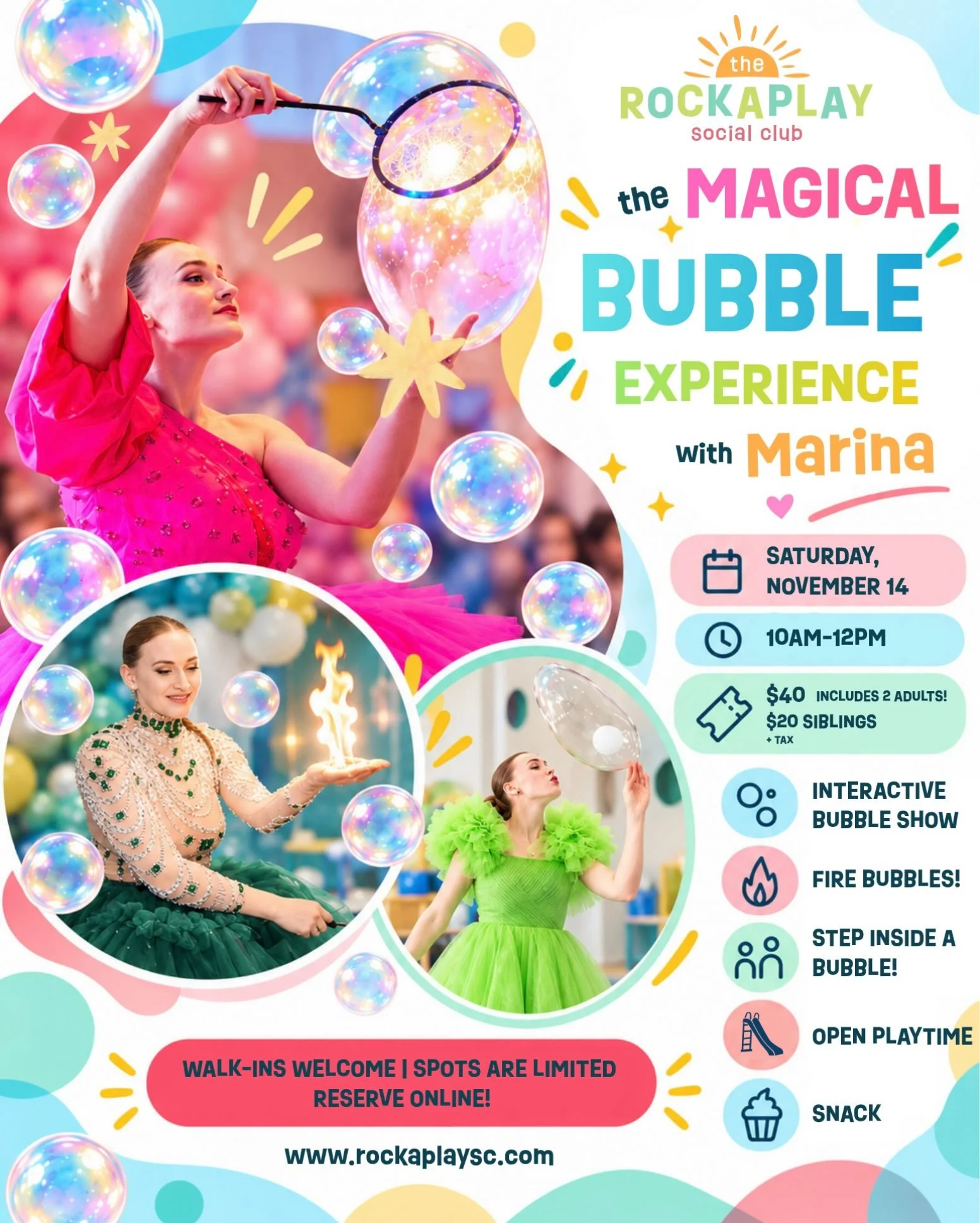 A little bubble magic is coming to Rockaplay ! 🫧✨
Join us on 11/14 💖
www.rockaplaysc.com