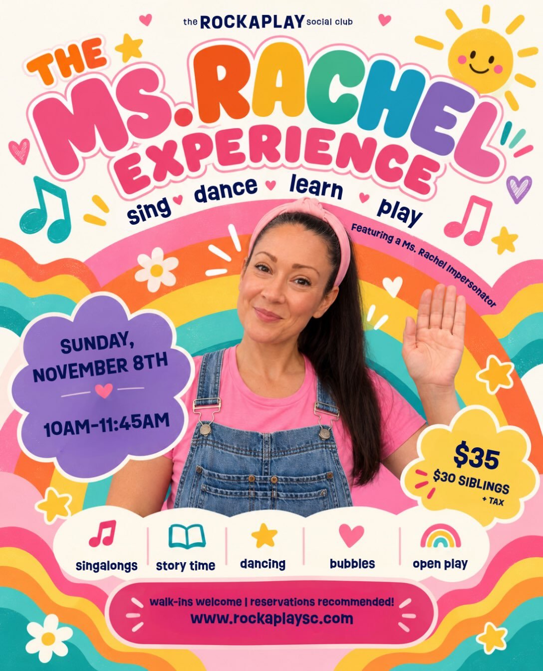 We're so haapppyy... that the Ms. Rachel Experience is coming back to Rockaplay! Join us for a feel good morning with the talented @missfurey on November 8th!! 💖🎶🌈 reserve online: www.rockaplaysc.com