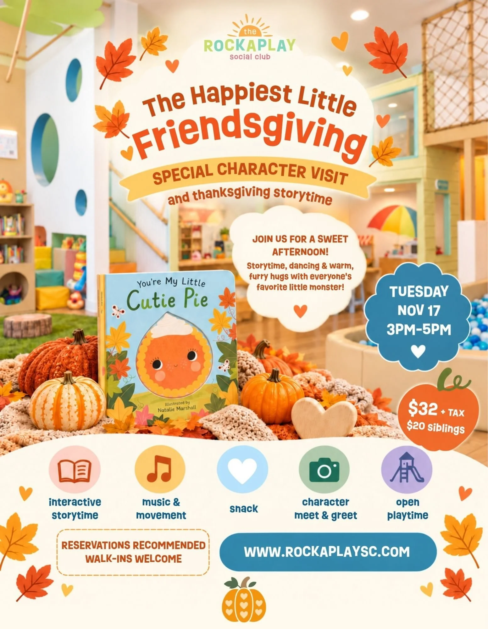 Join us for a cutie Thanksgiving themed character visit (any guesses?!) and storytime ❤️🦃🍂🥰 11/17 &bull; 3pm-5pm &bull; Reserve online: www.rockaplaysc.com