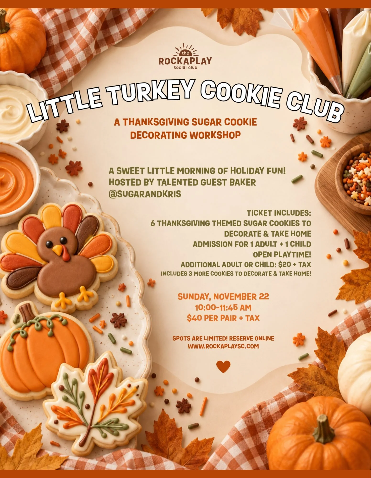 We're so excited to welcome back talented baker and mama @sugarandkris - this time for a Thanksgiving themed cookie decorating workshop!!! Join us on 11/22 at 10am for a sweet morning filled with holiday fun 🎃🦃🍪🧡