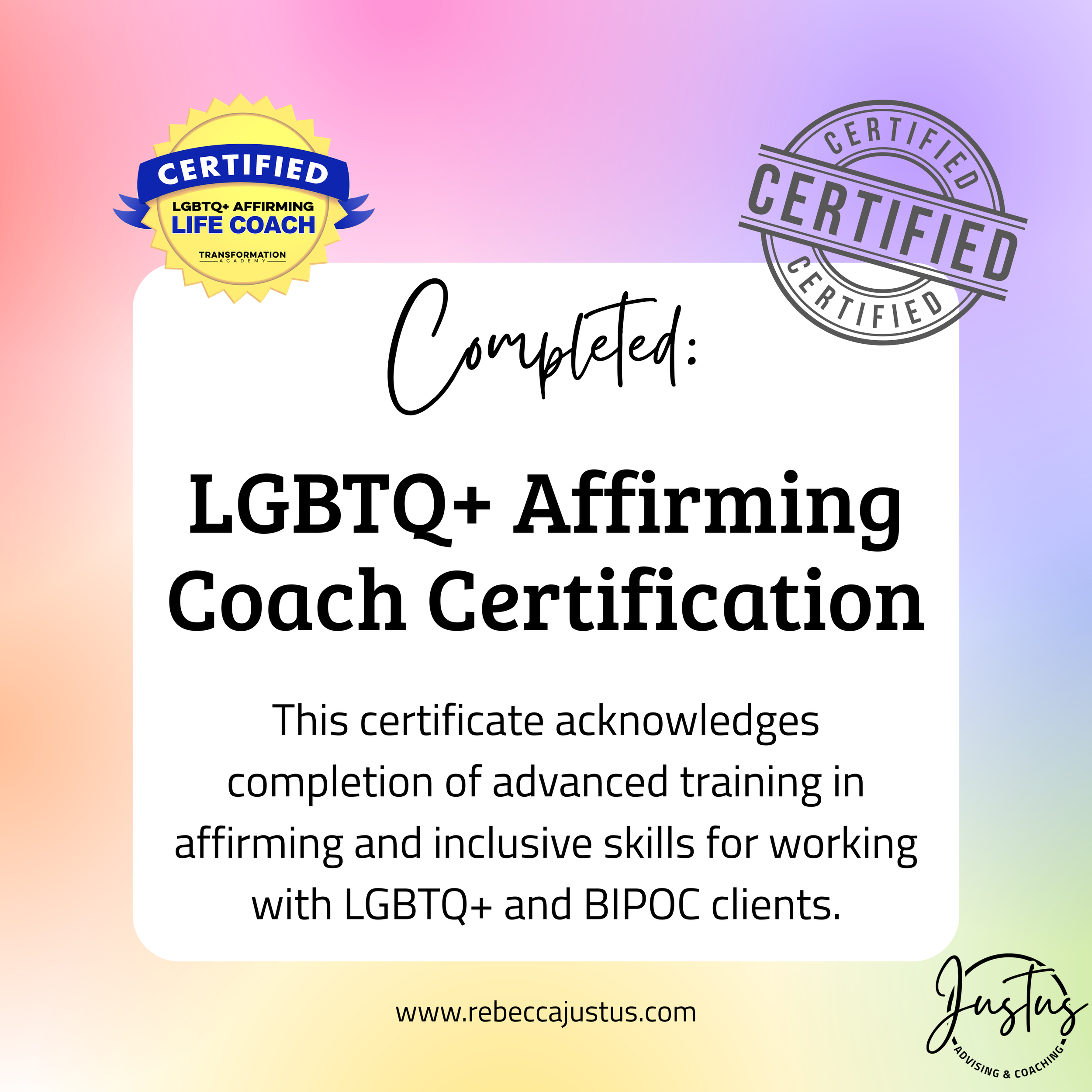 Now a Certified LGBTQ+ Affirming Coach