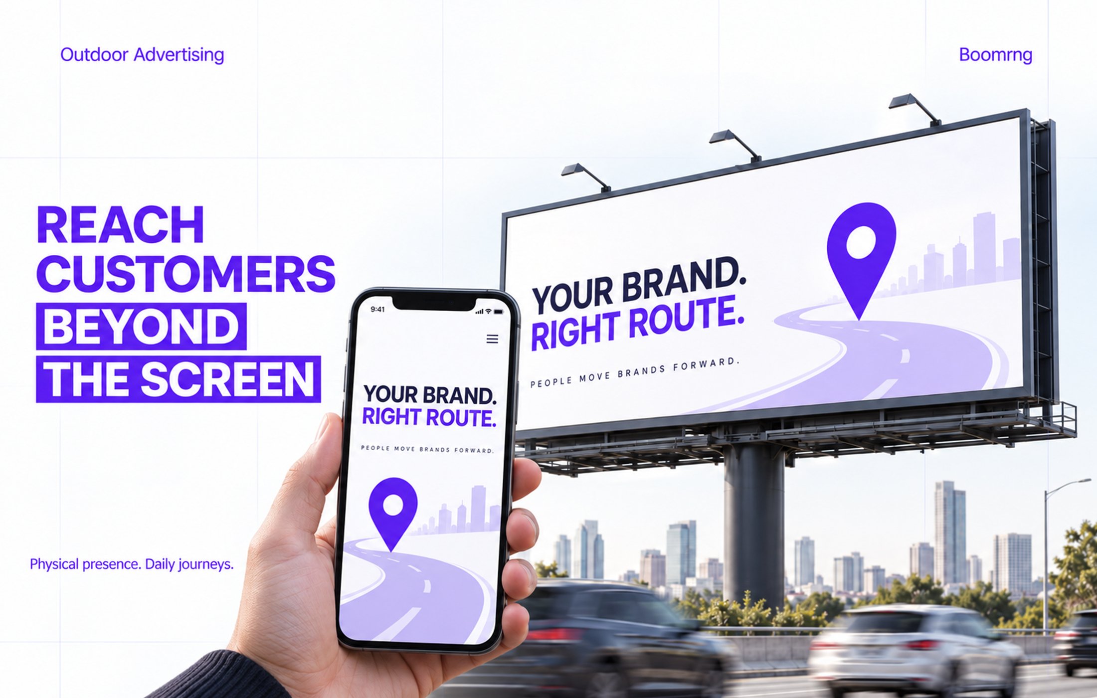 Outdoor advertising billboard with a branded smartphone display, showing a location-pin graphic, city skyline, and passing traffic.