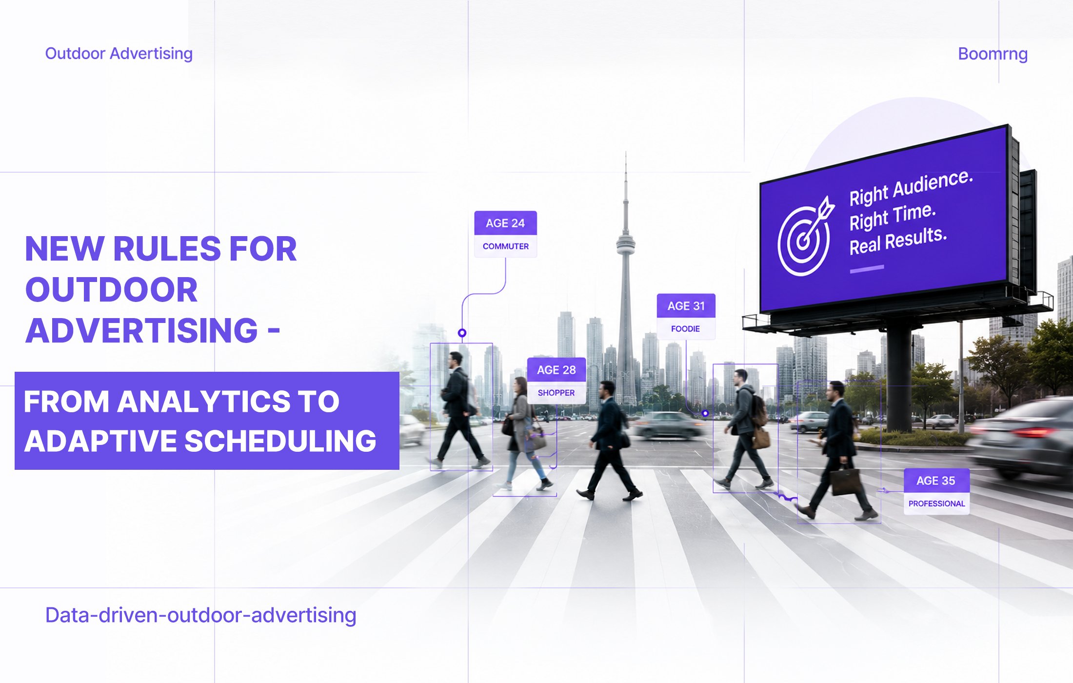Data-driven outdoor advertising campaign showing audience analytics, commuter profiling, and a digital billboard in a cityscape to illustrate adaptive scheduling and targeted OOH advertising.