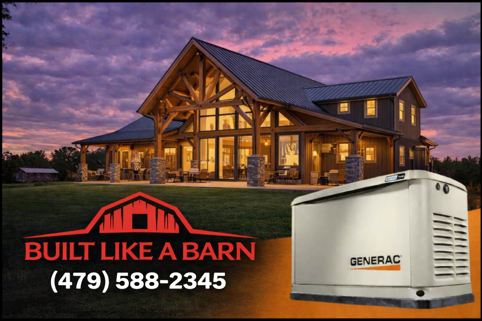 Whole home Generac generator installed beside a modern timber frame barndominium, showcasing reliable backup power systems by Built Like A Barn serving Northwest Arkansas and Southwest Missouri.
